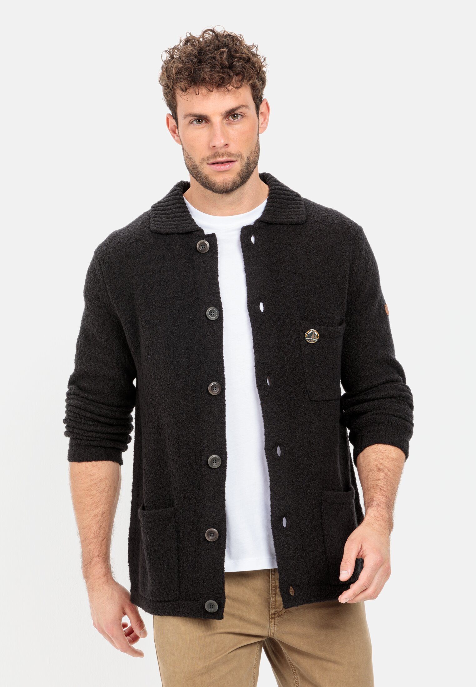 camel active Strickjacke aus einem angenehmen Wollmix Langarm Umlegekragen