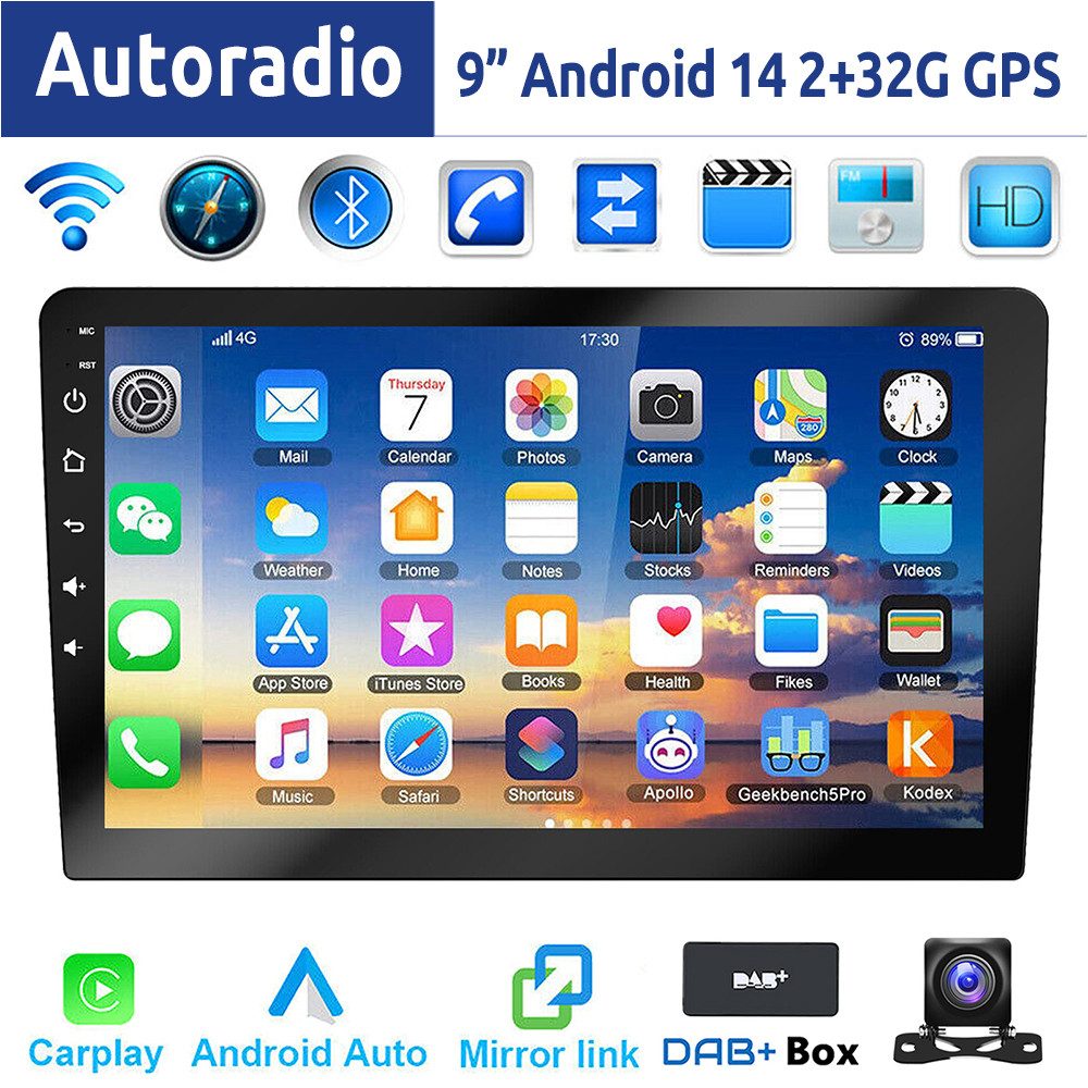 ESSGOO 9/10 Zoll Doppel 2 DIN Android 14 Wireless Carplay Android Auto Autoradio (DAB+ (optional), FM, RDS, 4+64GB(optional), FM RDS Bluetooth EQ USB GPS Navi WIFI IPS Touchscreen Mirror Link SWC)