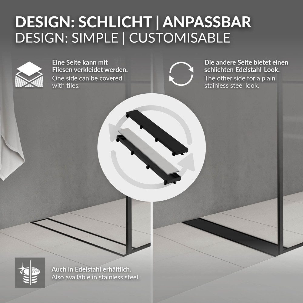 LuxeBath Duschrinne Edelstahl Doppelseitige Bodenablauf 2in1, Komplettset Bodenbefestigung, Duschablauf, Siphon mit Geruchsstop, Haarsieb, Ablaufrinne Dusche