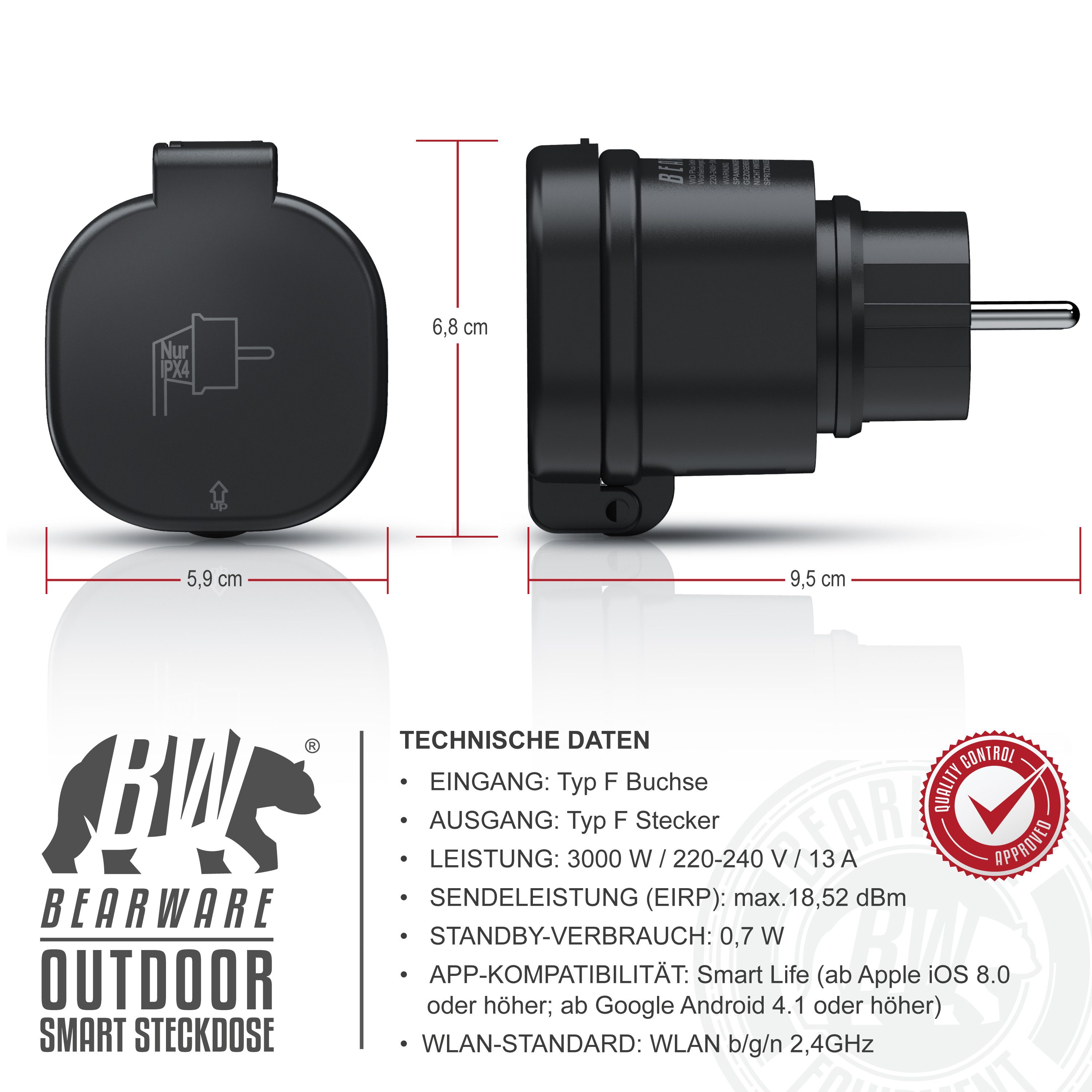 BEARWARE WLAN-Steckdose Wifi Outdoor Steckdose 2,4 Ghz, Steuerung per App, IP44, max. 3680 W, 1-St., Pairing LED, Thermosicherung, 16A, schwarz