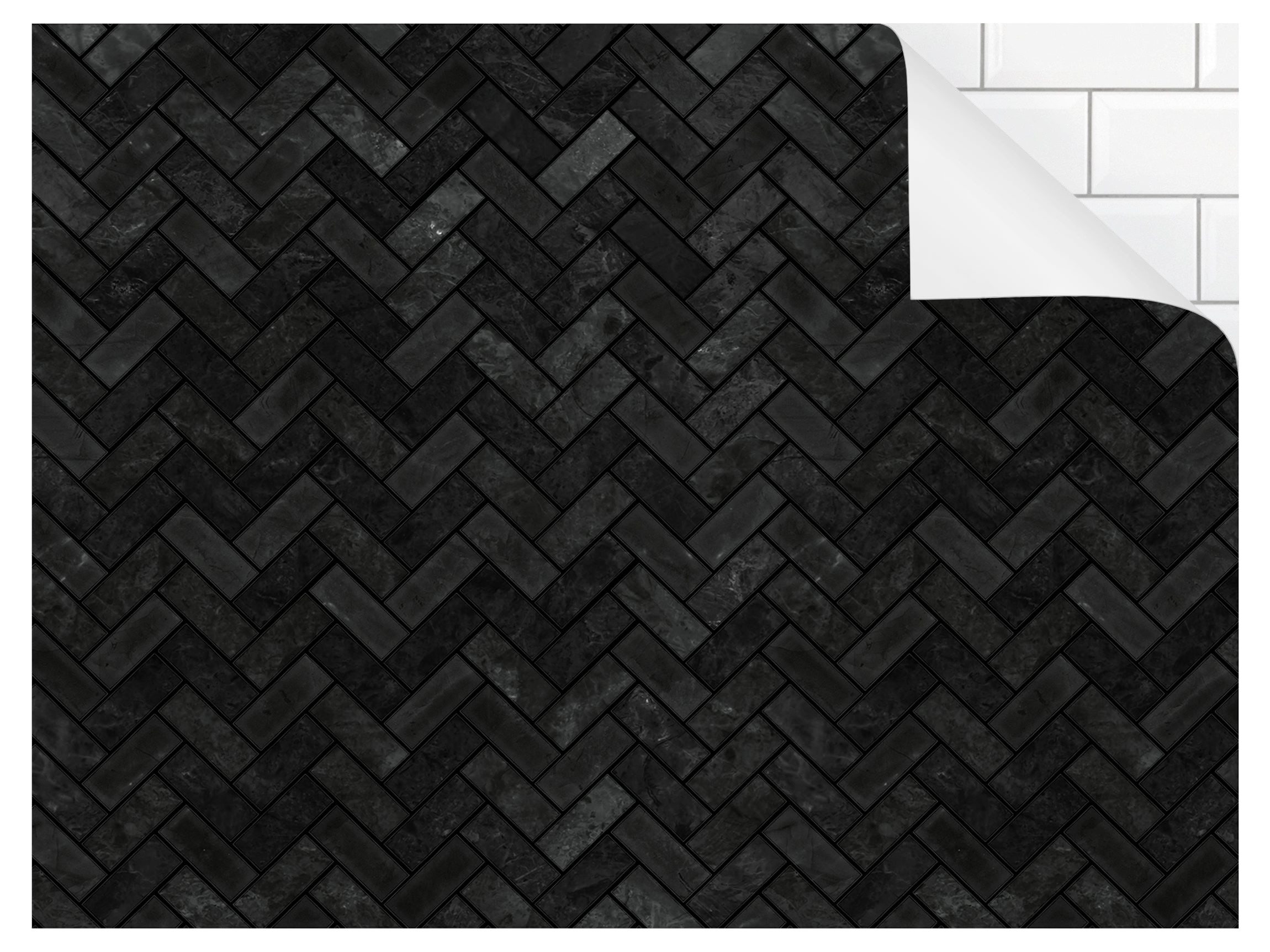Bilderdepot24 Badrückwand schwarz fugenlose Wandverkleidung Bad modern, (Hartfolie matt » Selbstklebend SMART 0,35 mm), wasserfestes Wandpaneel Marmor Fischgräten Schwarz dunkle Fugen