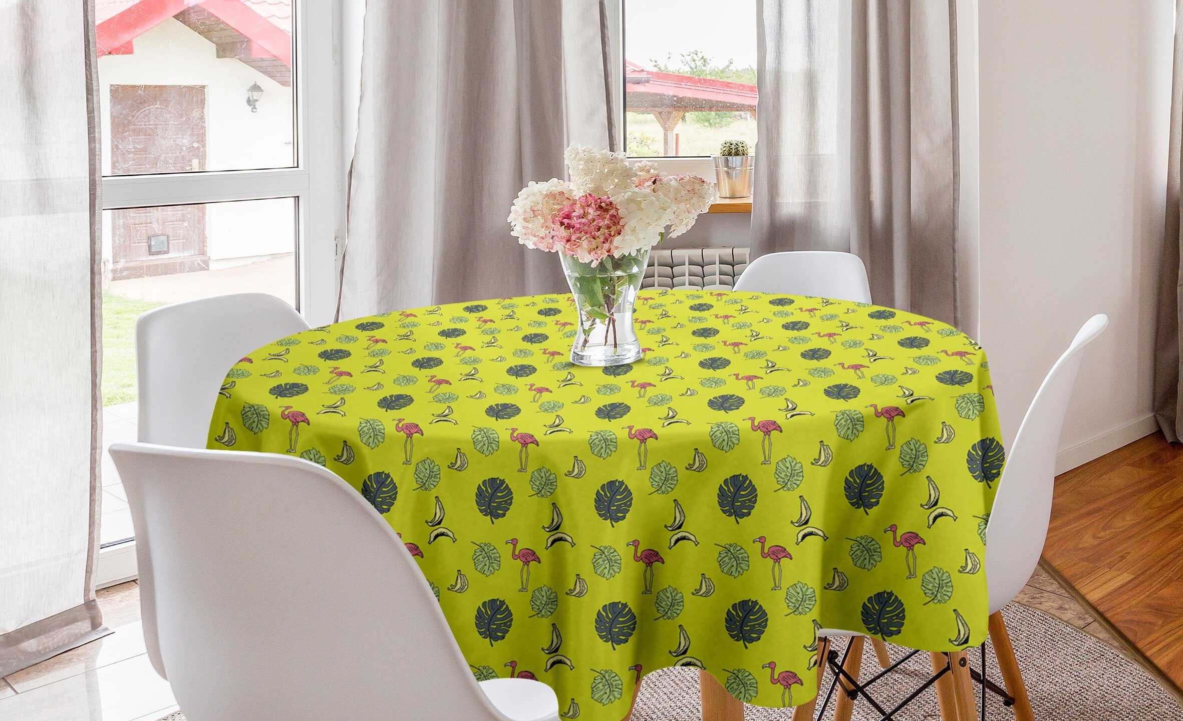 Abakuhaus Tischdecke Kreis Tischdecke Abdeckung für Esszimmer Küche Dekoration, Tropisch Monstera Blätter Flamingos