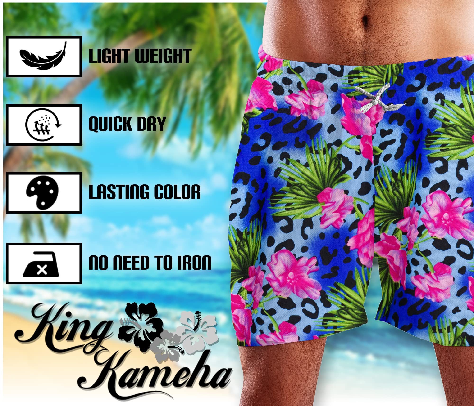King Kameha Badeshorts Leopard Flowers Hawaii Bade-Shorts Mesh-Einsatz Verschluss Kordelzug Mit integriertem Mesh-Innenslip für extra Komfort – Bild 2 von 3