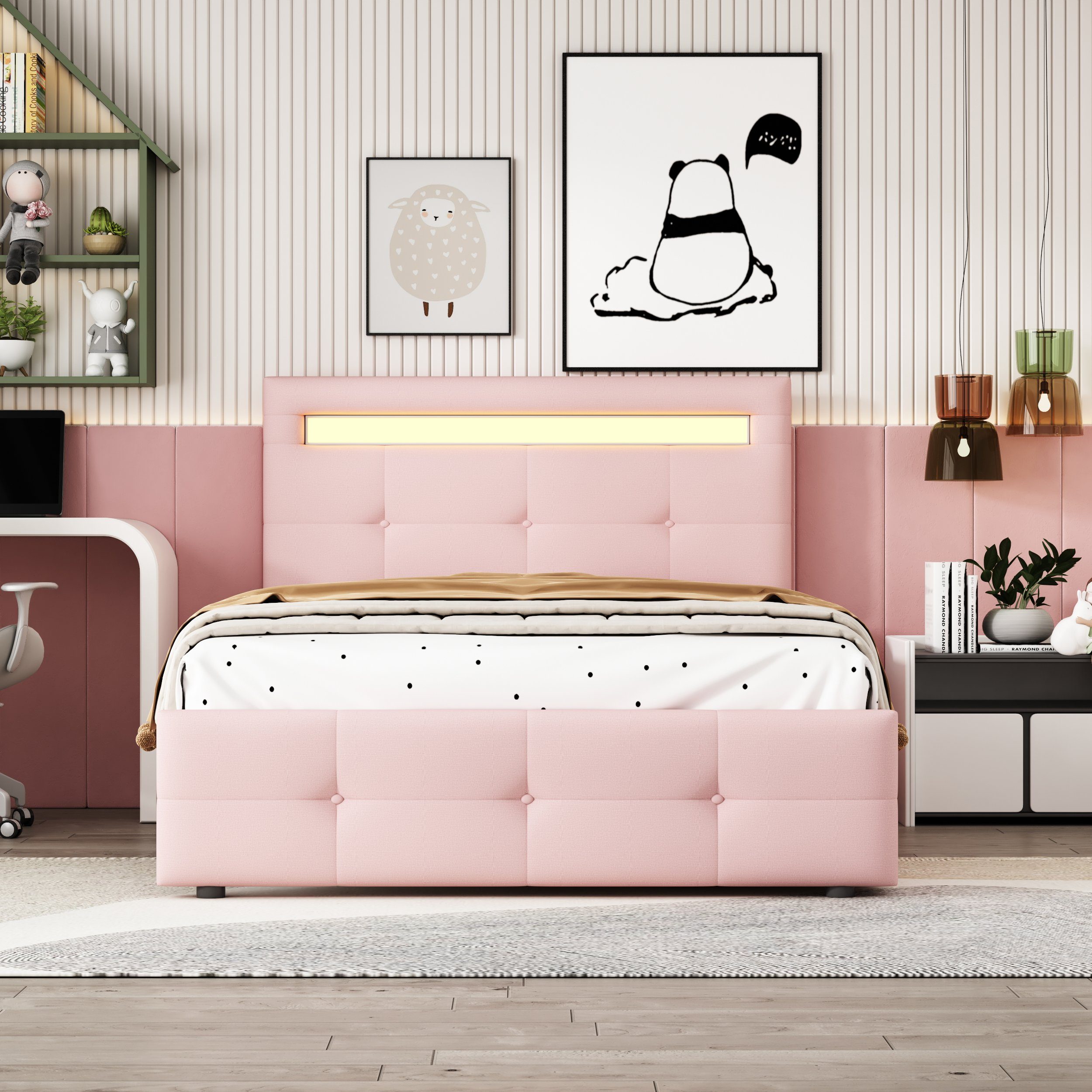 Odikalo Stauraumbett Polsterbett Kinderbett 16LED 2 Schubladen Beige/Grau/Rosa 90/140*200cm