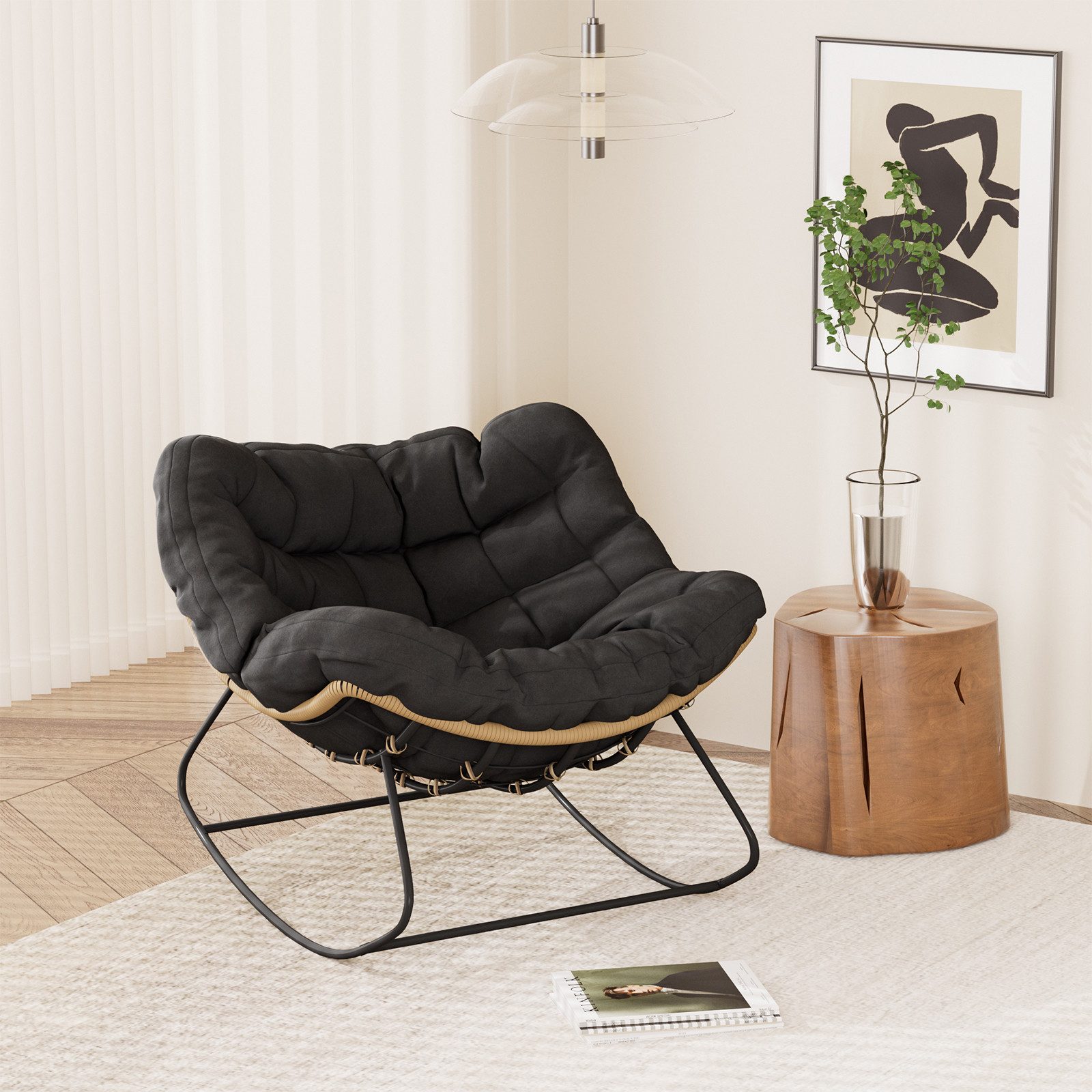 PEALOV Schaukelsessel mit dickem Polsterkissen, PE-Rattan-Optik & Stahlrahmen,93x59x76cm (1-St), Bis 150 kg belastbar, für Balkon, Garten, Wohn- und Schlafzimmer