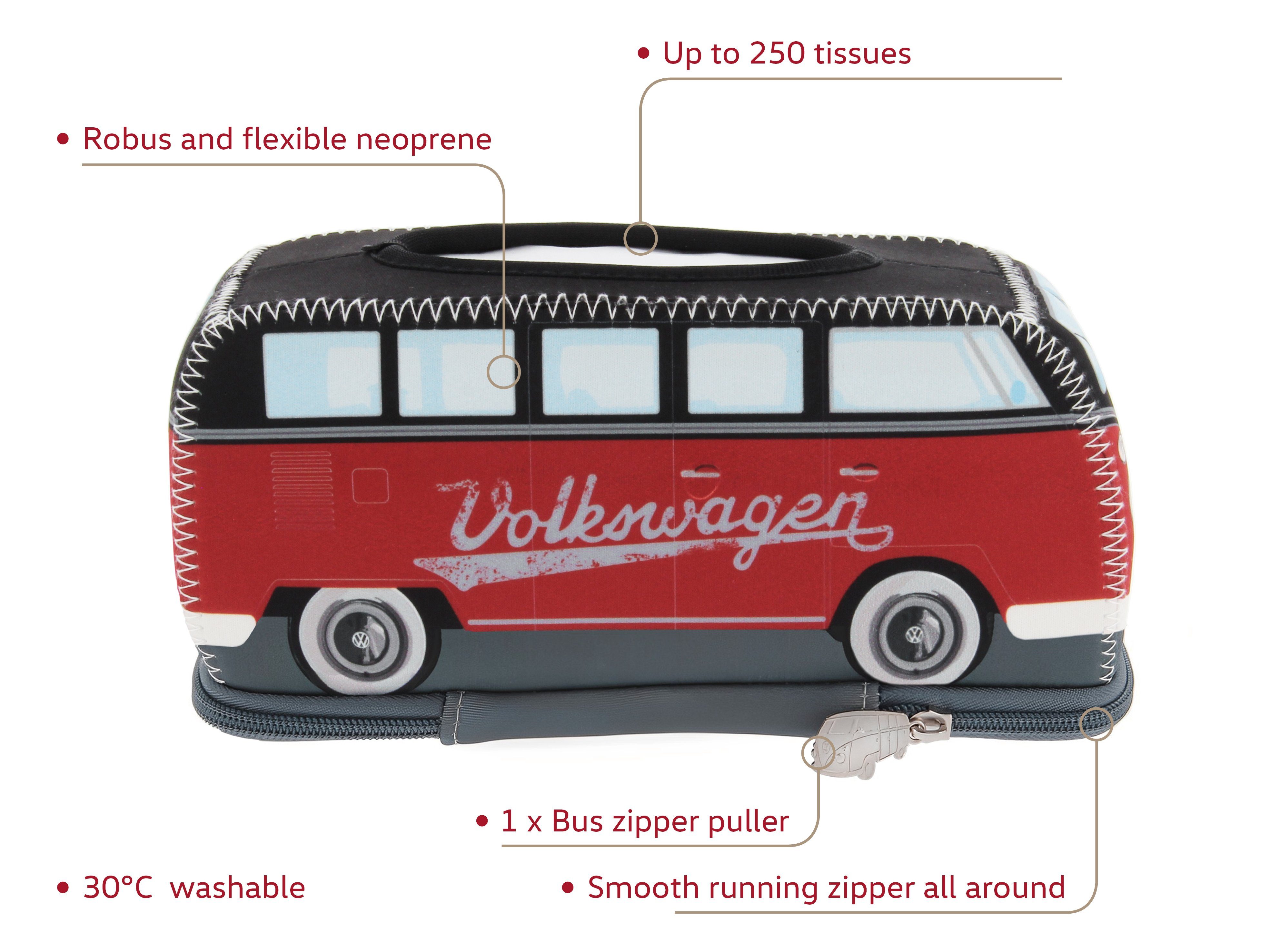 VW Collection by BRISA Papiertuchbox Volkswagen Neopren Kosmetik-Serviettenspender, Papiertaschentuchbox, fürs Bad im T1 Bulli Bus Design in Rot/Schwarz