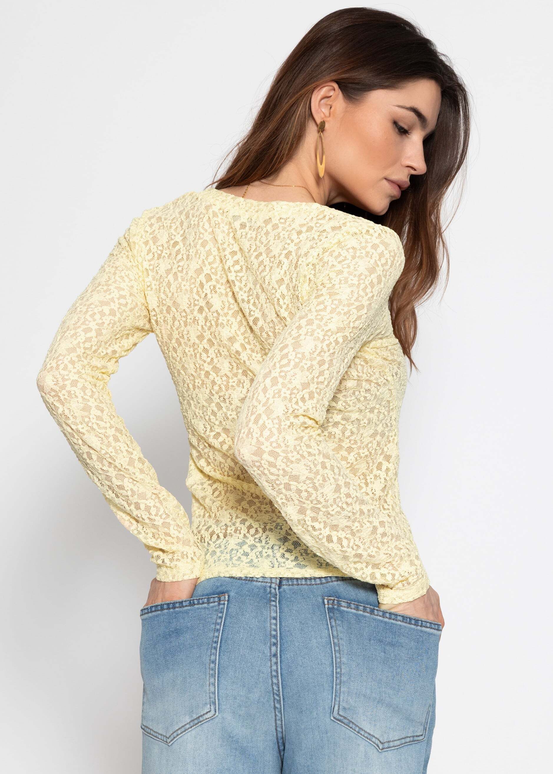 SASSYCLASSY Langarmshirt Spitzenshirt mit V-Ausschnitt für Damen Elegantes Langarmshirt mit floralem Muster in leichter Transparenz – Bild 5 von 5
