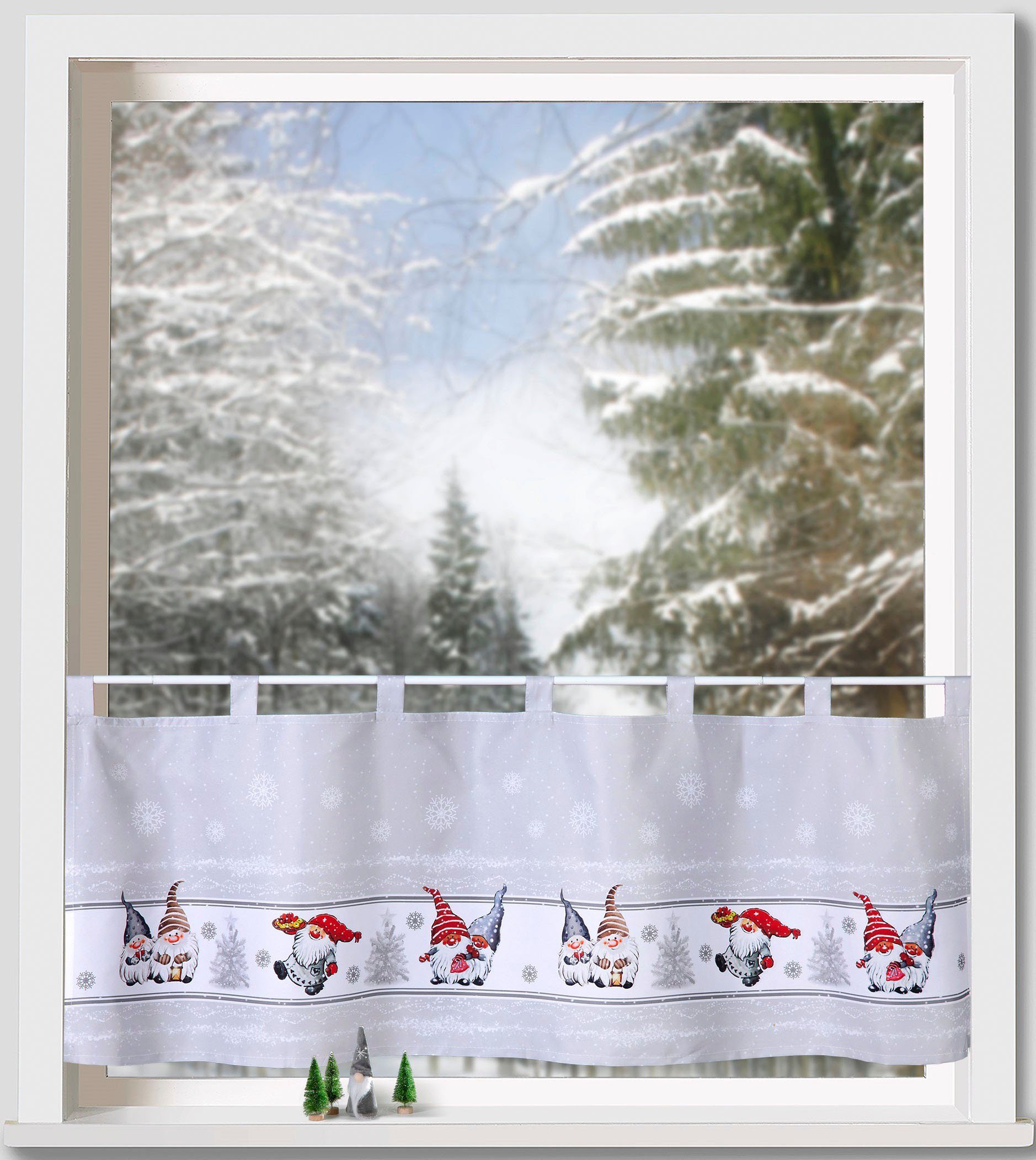 Weckbrodt Scheibengardine Wichtel im Schnee (1 St), Schlaufen, blickdicht, Microfaser, Bistro, Microsatin, Weihnachten, HxB 45x120cm, Gardine, Store
