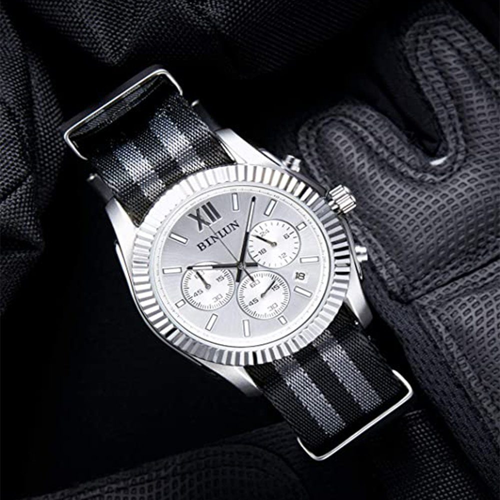 Edelstahl Uhrenarmbänder mit Nylon Armband Ersatzuhrarmbänder schnalle GelldG Schwarz+grau(1,8cm)