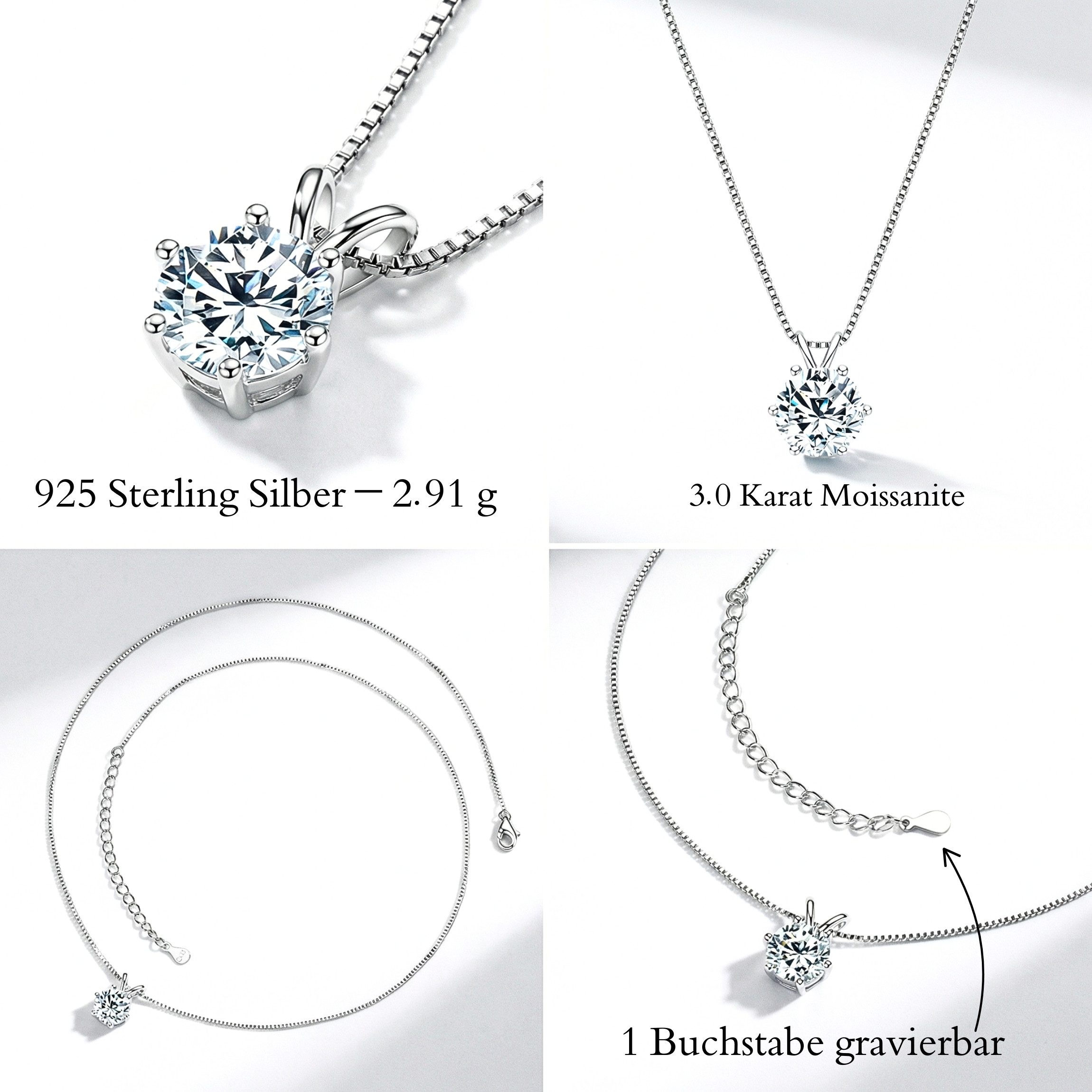 UNIQAL.de Silberkette 925 mit Moissanit 3,0 Karat – Solitaire Diamant Anhänger Optik (Silberkette mit Solitaire Moissanit Anhänger, 925 Sterling Silber weißgold – Bild 2 von 5