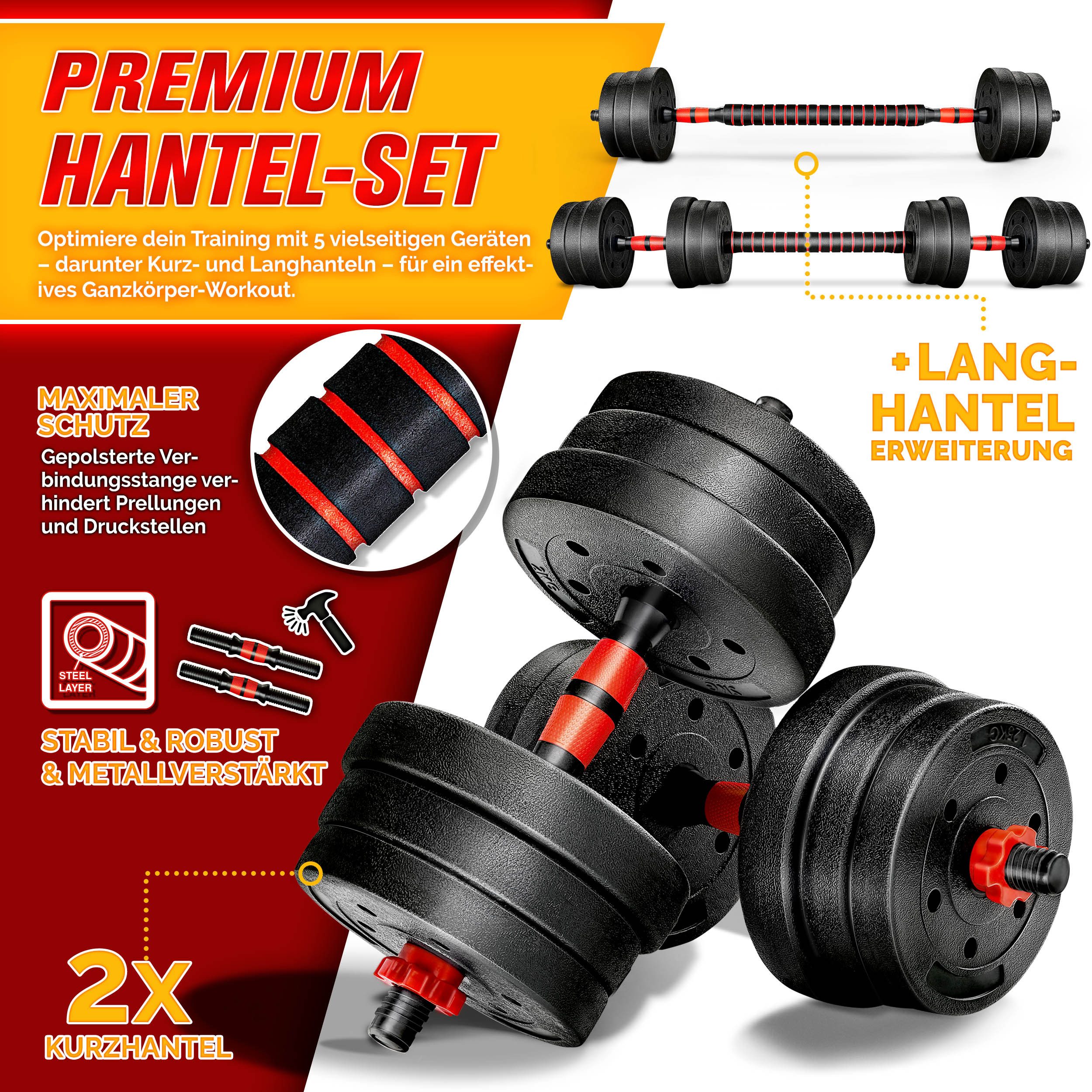 RE:SPORT Hantel-Set Hantelset verstellbar, Kurzhantel & Langhantel, Sternverschlüsse & Verbindungsrohr