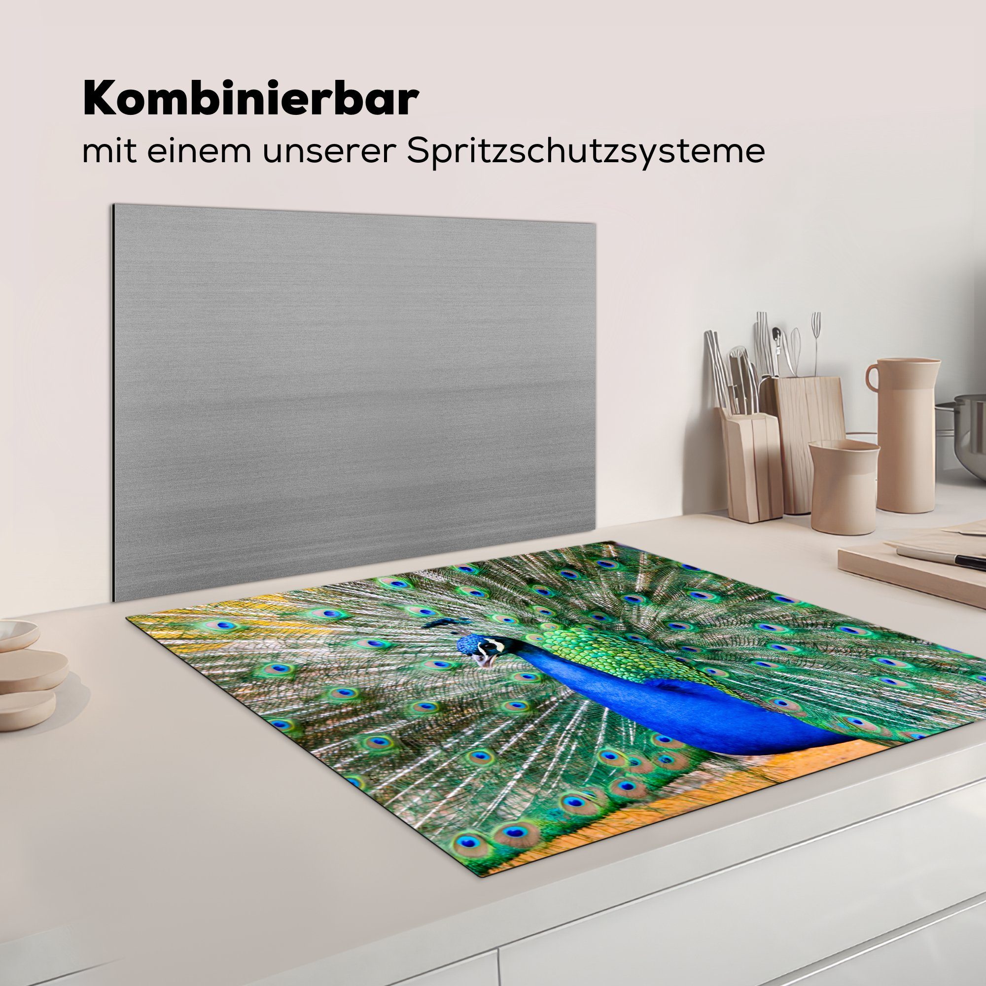 MuchoWow Herdblende-/Abdeckplatte Pfau - Vinyl, für - 78x78 tlg), küche Federn Ceranfeldabdeckung, Arbeitsplatte (1 cm, Blau