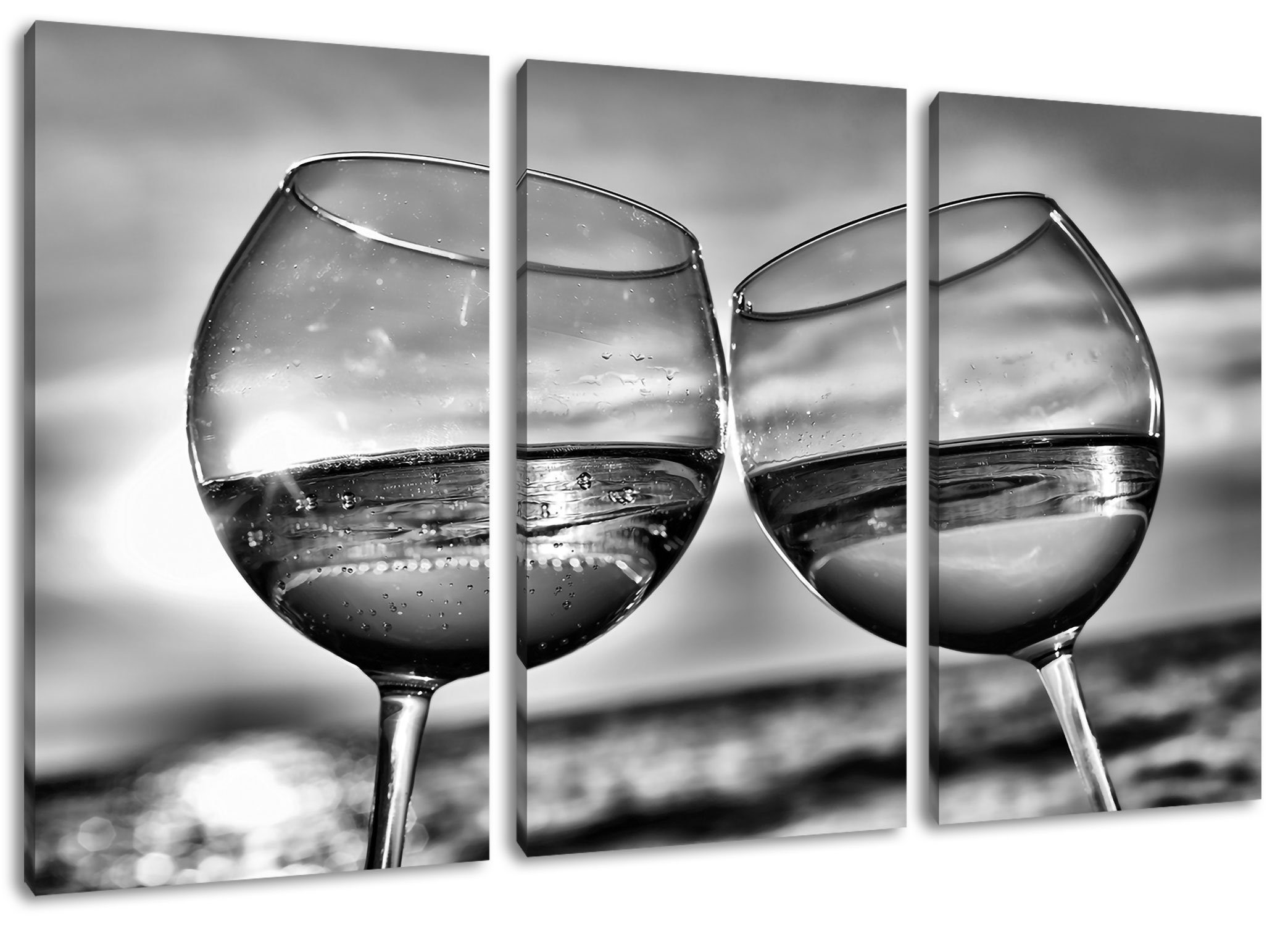 Pixxprint Leinwandbild Weingläser am Meer, Weingläser am Meer 3Teiler (120x80cm) (1 St), Leinwandbild fertig bespannt, inkl. Zackenaufhänger | Leinwandbilder