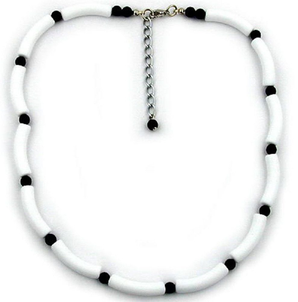 unbespielt Collier Kette Kunststoff Walzenperlen weiß-matt Perle schwarz 42 cm, Modeschmuck für Damen