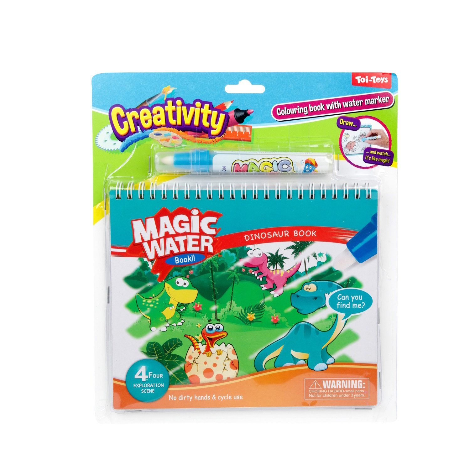 Spiel Dinosaurier Wassermalbuch mit Wasserstift und vier Entdeckerszenen