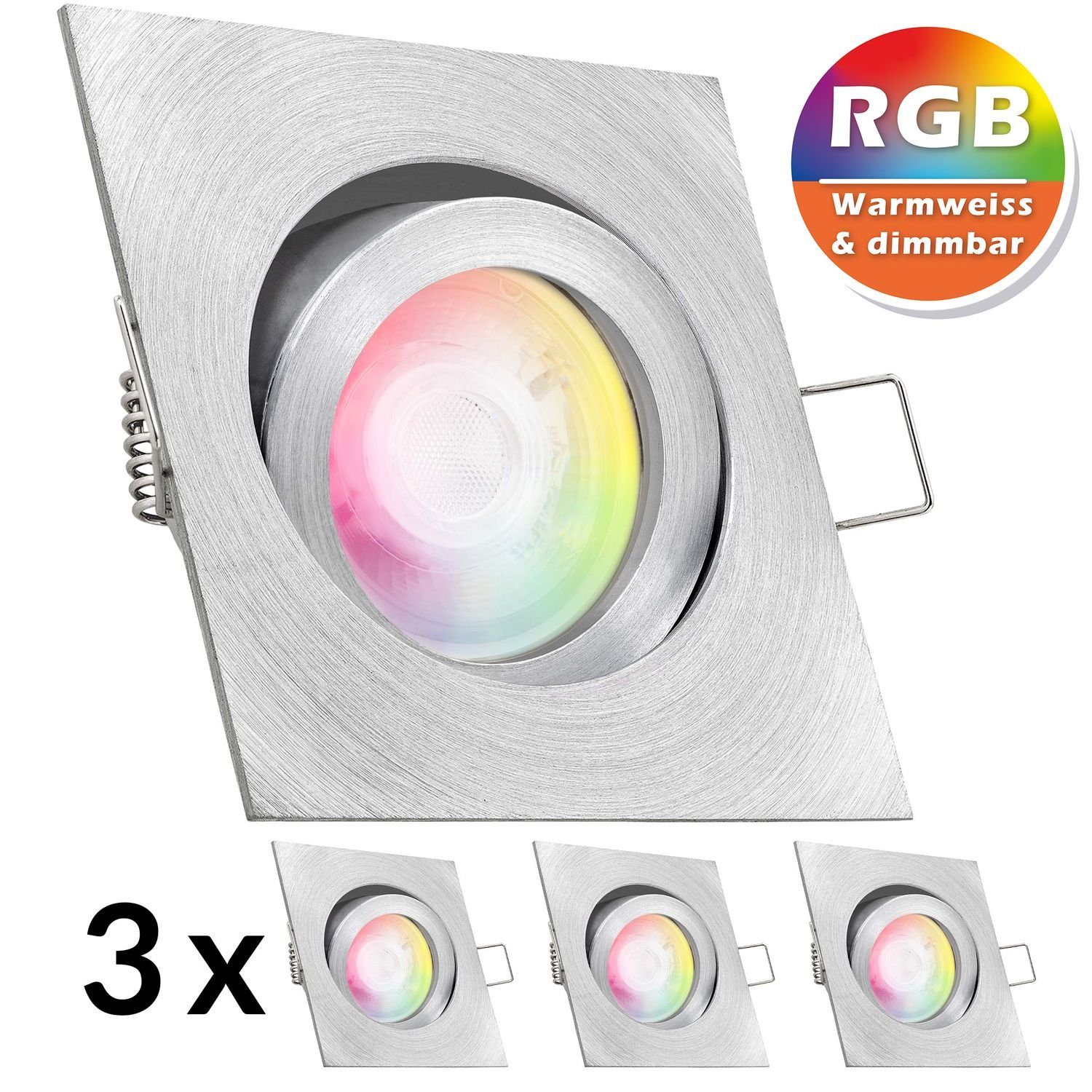 LEDANDO LED Einbaustrahler 3er RGB LED Einbaustrahler Set extra flach in aluminium natur mit 3W L