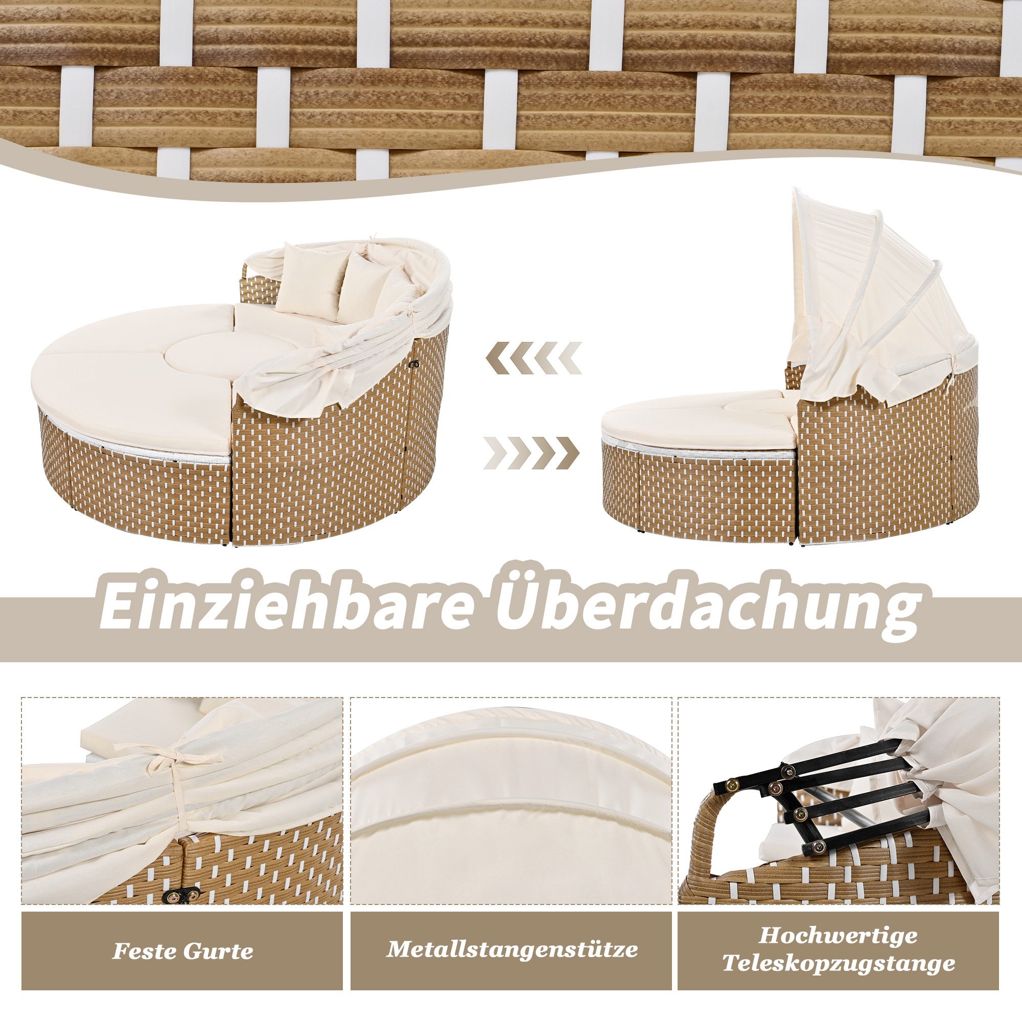 Merax Gartenlounge-Set aus Polyrattan für 5 Personen mit Kissen, Sitzgruppe, (1 2-Sitzer mit Baldachin, 2 Hocker, 1 höhenverstellbarer Tisch), Sonneninsel umbaubar, Gartenliege mit Sonnendach, Gartenmöbel Set