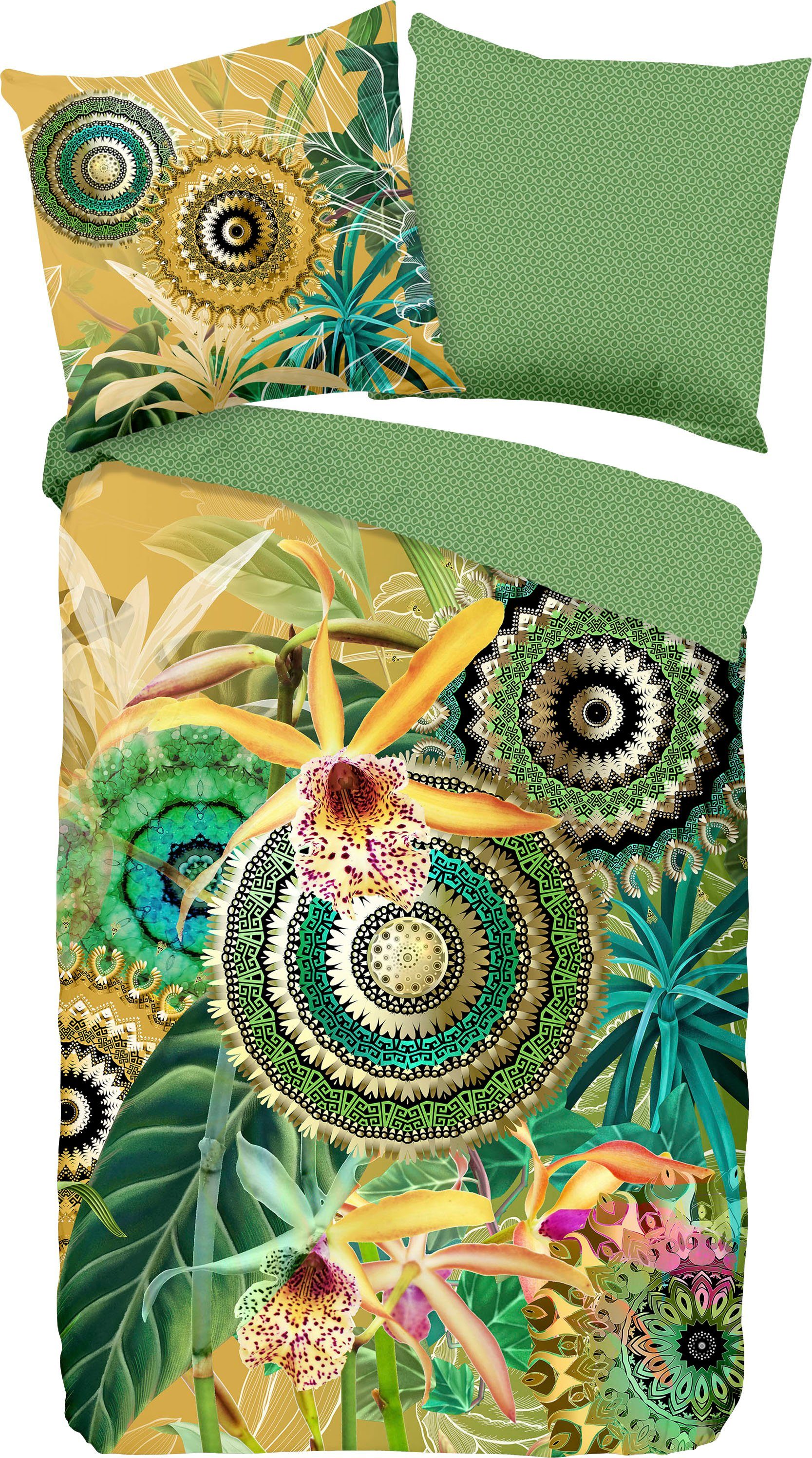 hip Wendebettwäsche Yissa, Satin, 2 teilig, Mako-Satin, 135x200, Reißverschluss, Wendeoptik, Mandala, Bunt, Grün