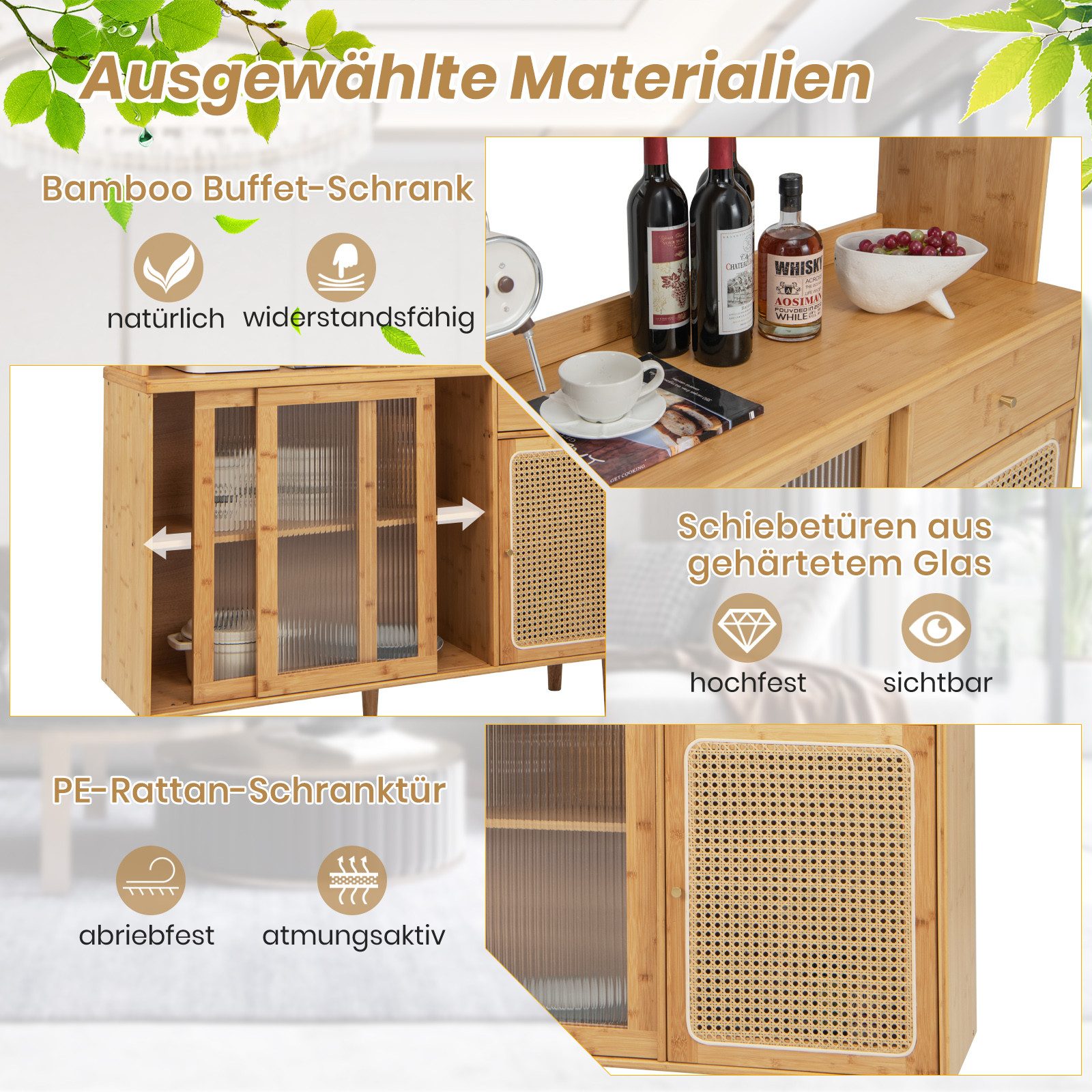 KOMFOTTEU Küchenbuffet Buffetschrank Hochschrank aus Bambus, günstig online kaufen