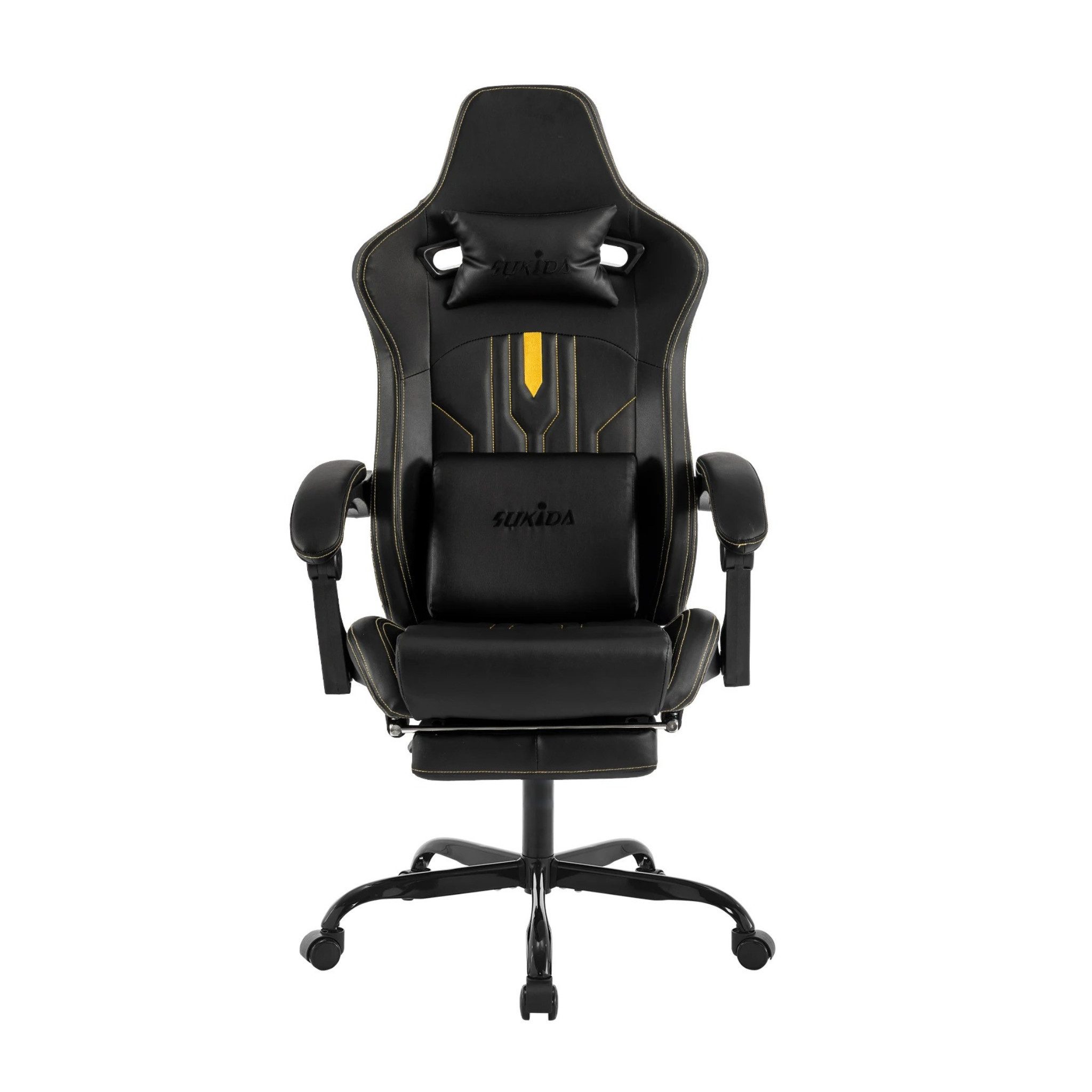 SUKIDA Gaming-Stuhl Ergonomischer Gamingstuhl mit Fußstütze & Lendenstütze – bis 150 kg (Komplett-Set), schwenkbar, höhenverstellbar, ausziehbare Sitzfläche