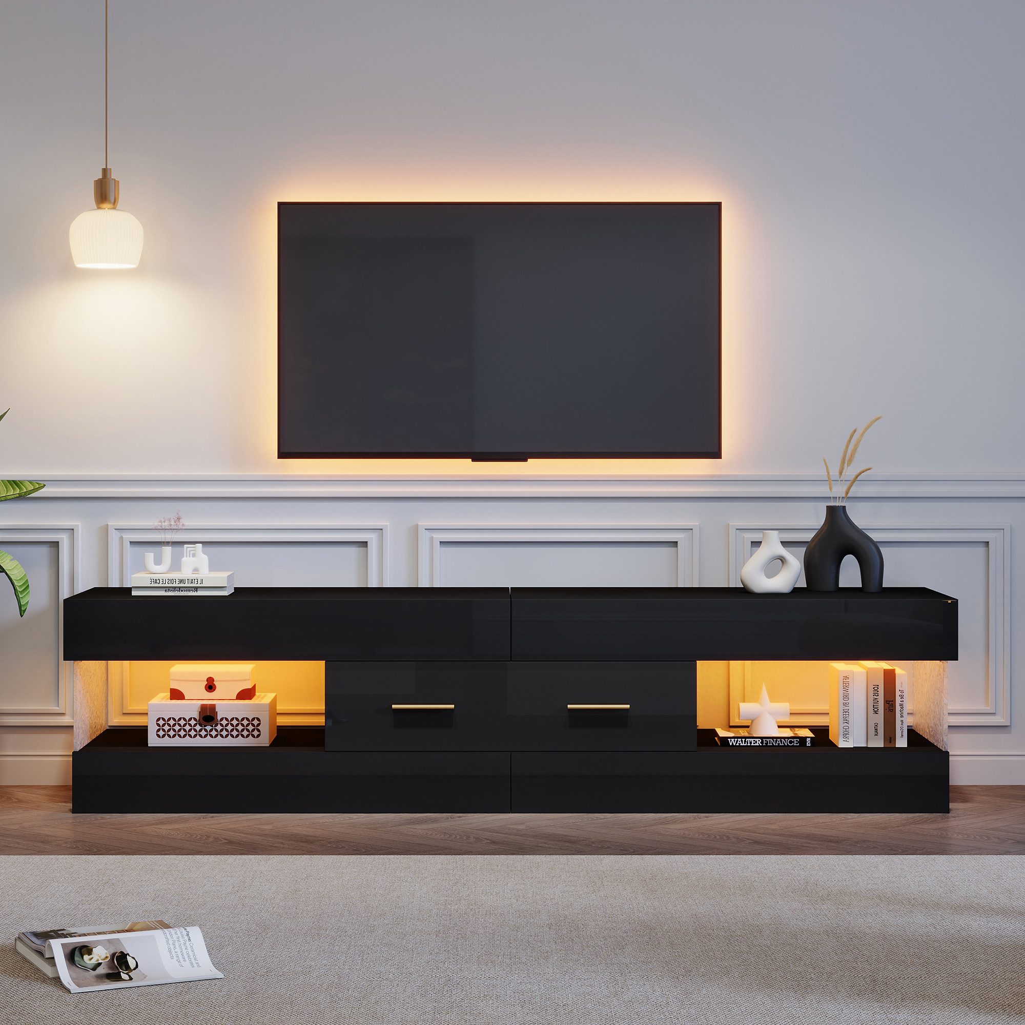 Merax Lowboard mit LED-Beleuchtung (TV-Möbel für Fernseher bis 75 Zoll, 1 St., 152x35x40cm), TV-Schrank mit Acryl-Seitenwänden, 2 Schubladen & 4 offenen Fächern