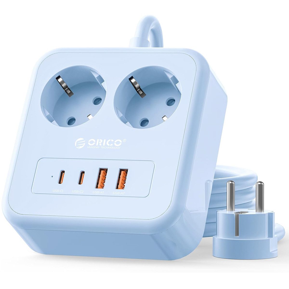 ORICO Steckdose 6-in-1 Mehrfachsteckdose mit USB-C PD 20W, 3 m Kabel, 1-St., 2 Steckdosen & 4 USB (2× USB-C), Kompakt-Powercube für Büro & Zuhause