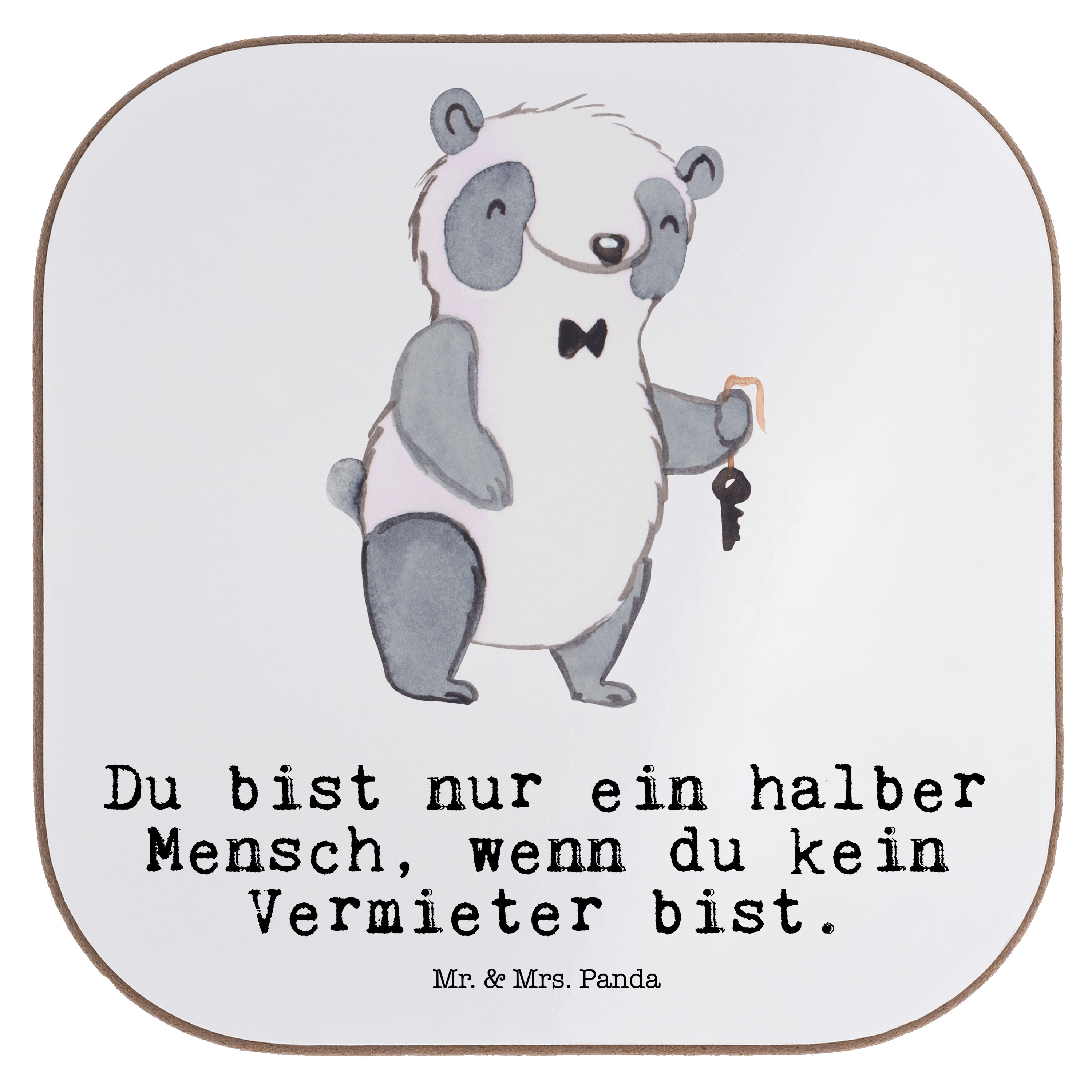 Mr. & Mrs. Panda Getränkeuntersetzer Vermieter mit Herz - Weiß - Geschenk, Bierdeckel, Beruf, Arbeitskolle, 1-tlg.