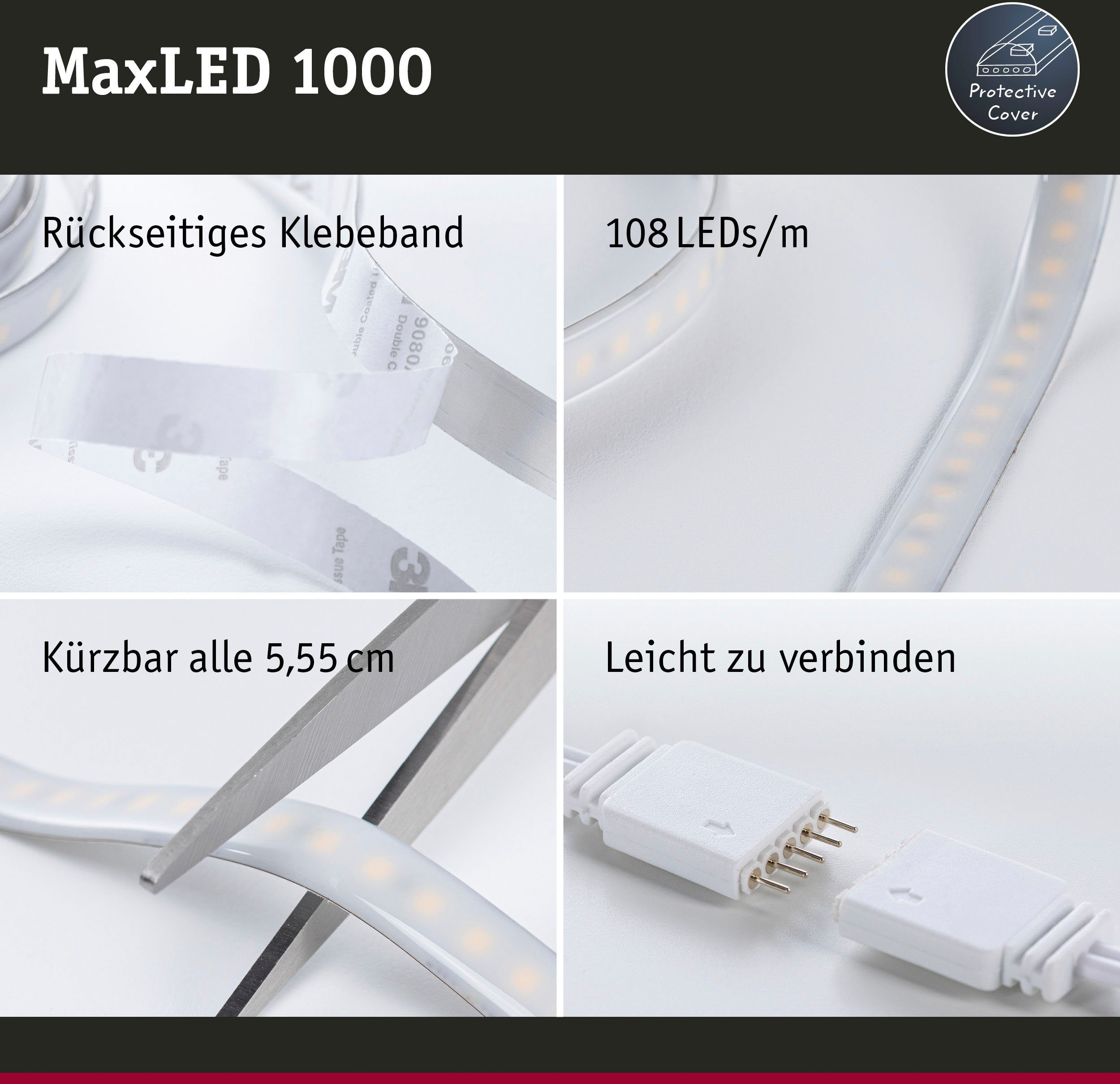 Cover 1-flammig, IP44 Paulmann 2700-6500K White 24V 2,5m Tunable 27W Stripe 1000 MaxLED LED-Streifen Silber,
