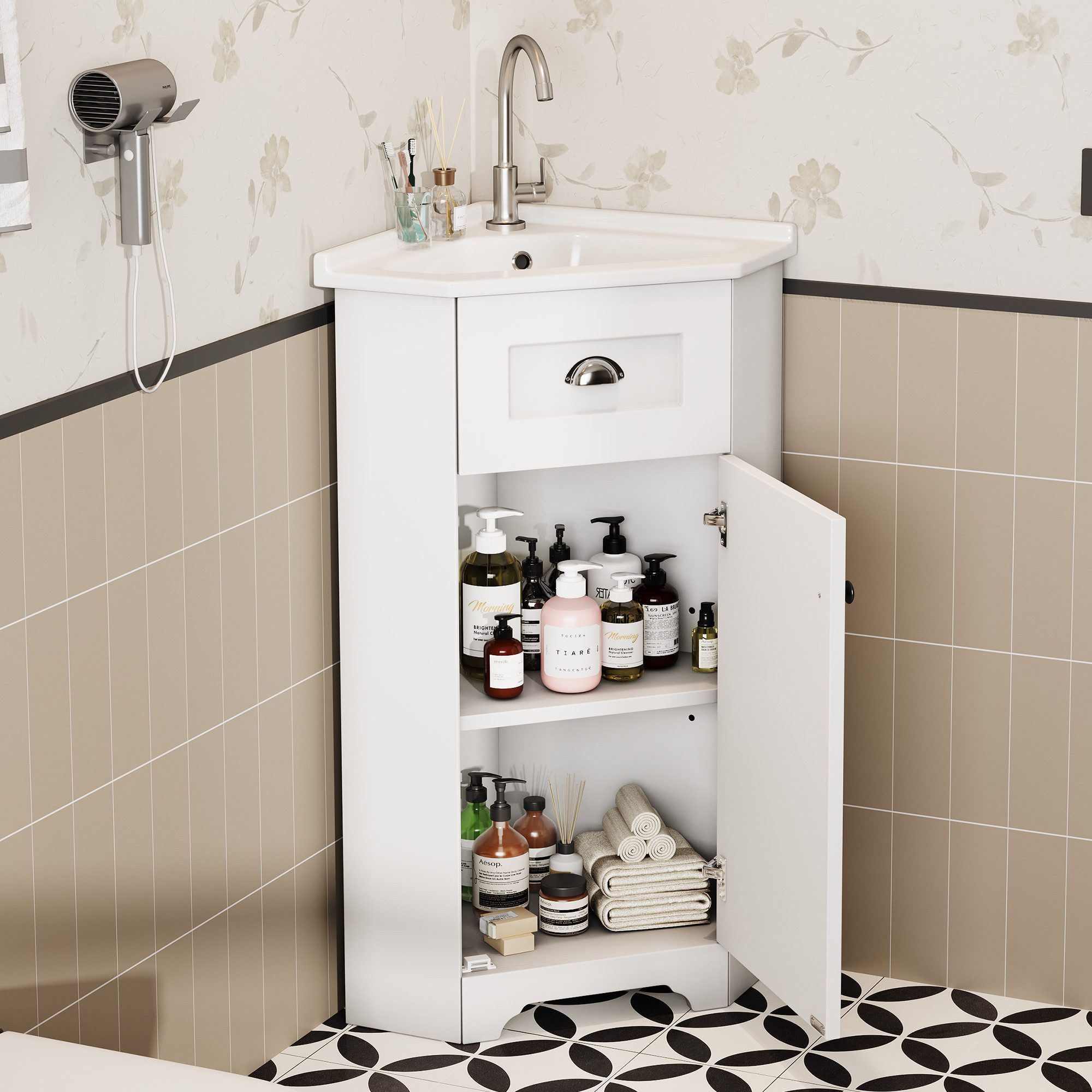 Badmöbel-Set mit Keramik Waschbecken Waschtisch platzsparend Standmodell