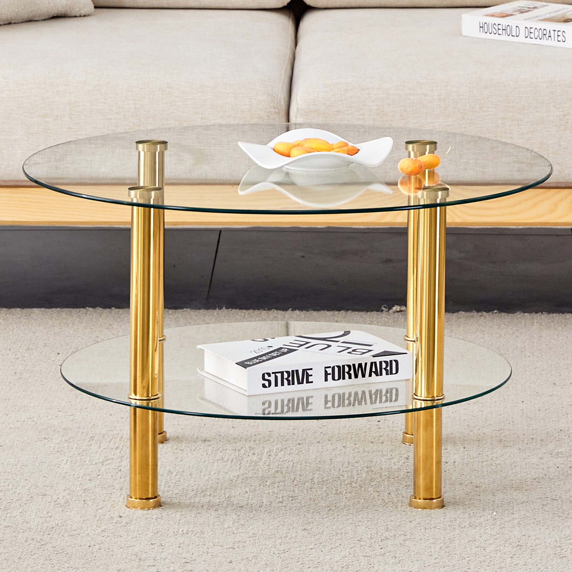 JUFU Couchtisch mit 2 Ebenen aus gehärtetem ESG-Glas & Metallgestell, rund 70 cm Ø (1-St), Modernes Design für Wohnzimmer, kompakt & stabil