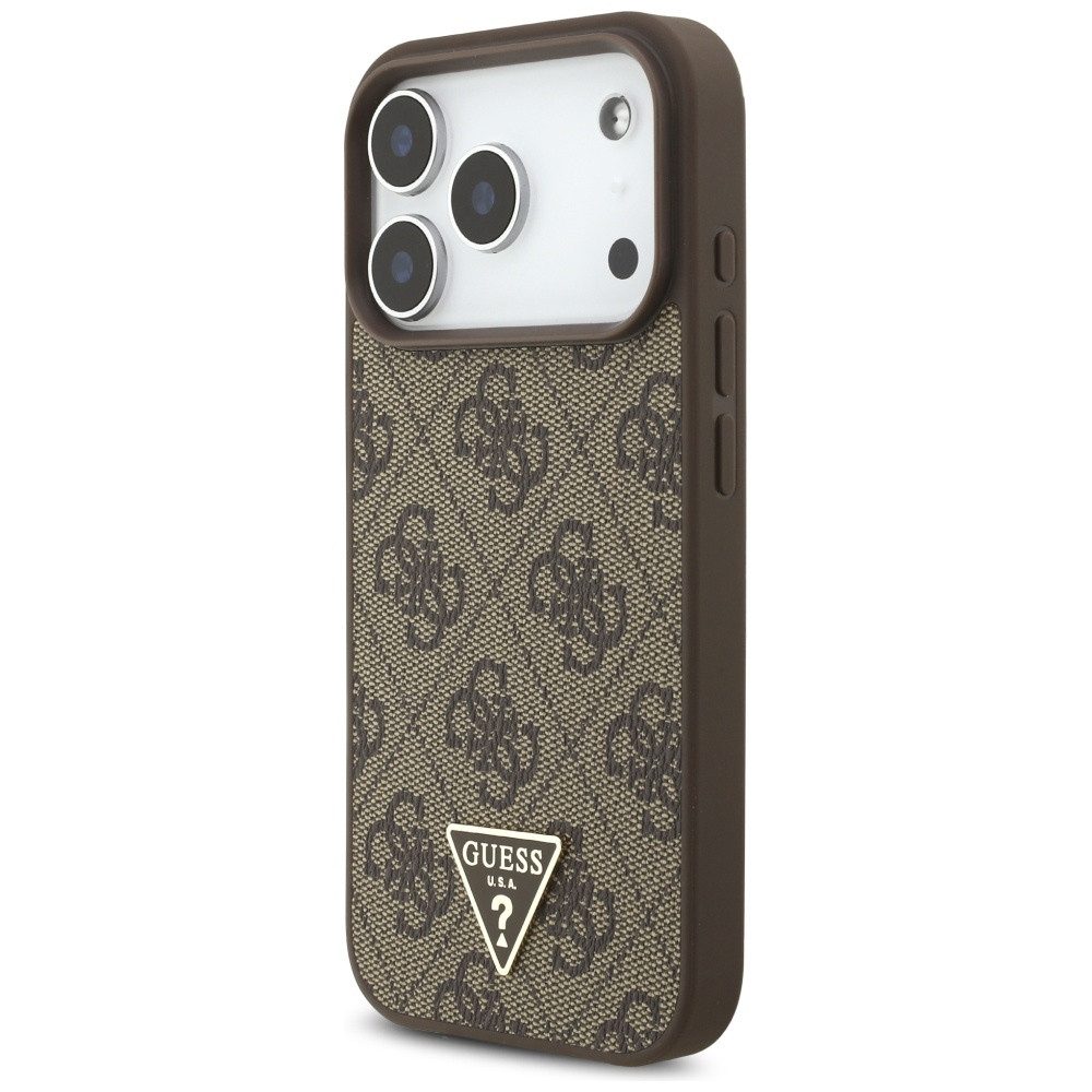 Guess Handyhülle Case iPhone 17 Pro Kunstleder braun MagSafe Logo Kette 6,3 Zoll, Kantenschutz