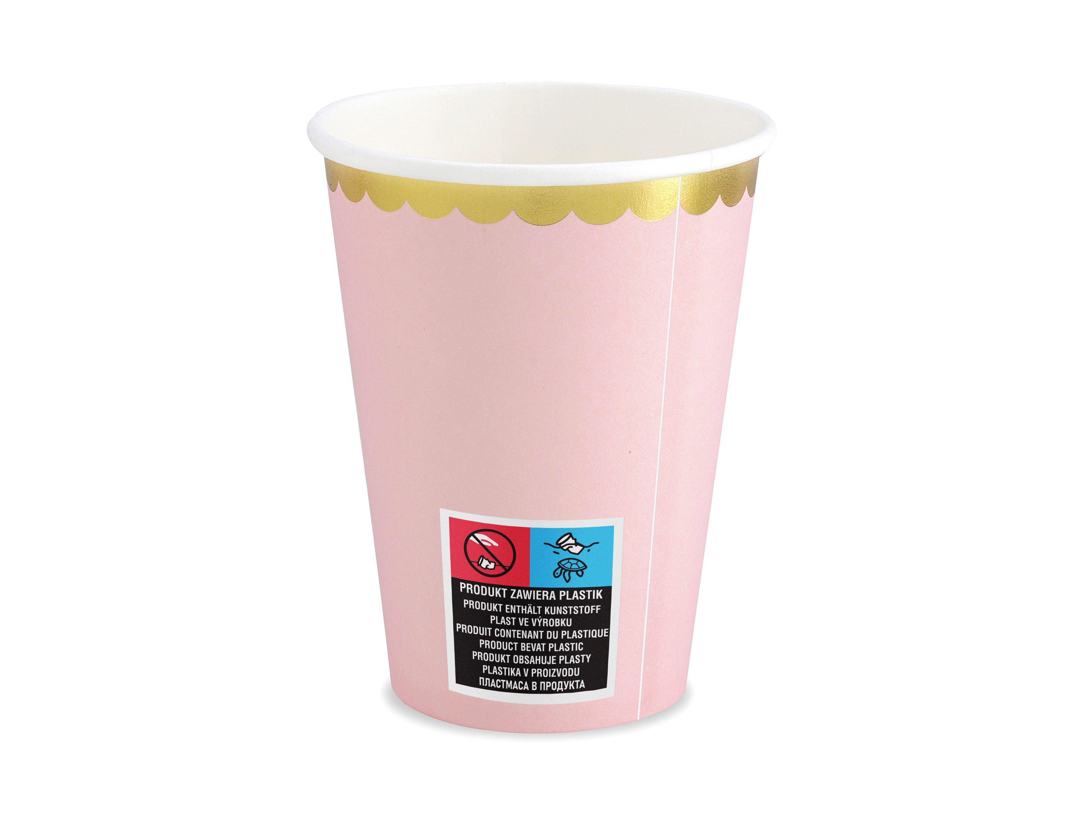 partydeco Einwegbecher Pappbecher Goldrand 220ml/6Stk. Rosa, Papier, Pappe