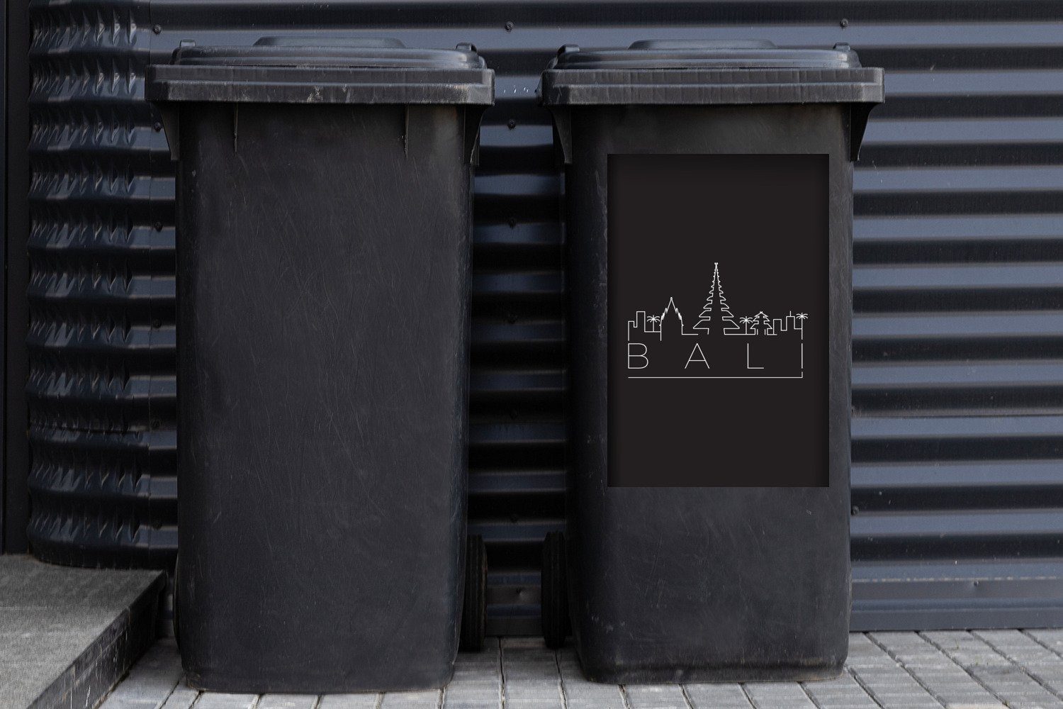 MuchoWow Wandsticker St), "Bali" Abfalbehälter Mülleimer-aufkleber, schwarz Container, (1 Mülltonne, Skyline Sticker