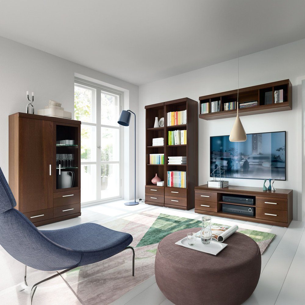 Lomadox Wohnwand IMPERIA-129, (4-St), Wohnzimmer Set Nussbaum Vitrine Highboard Lowboard Regal