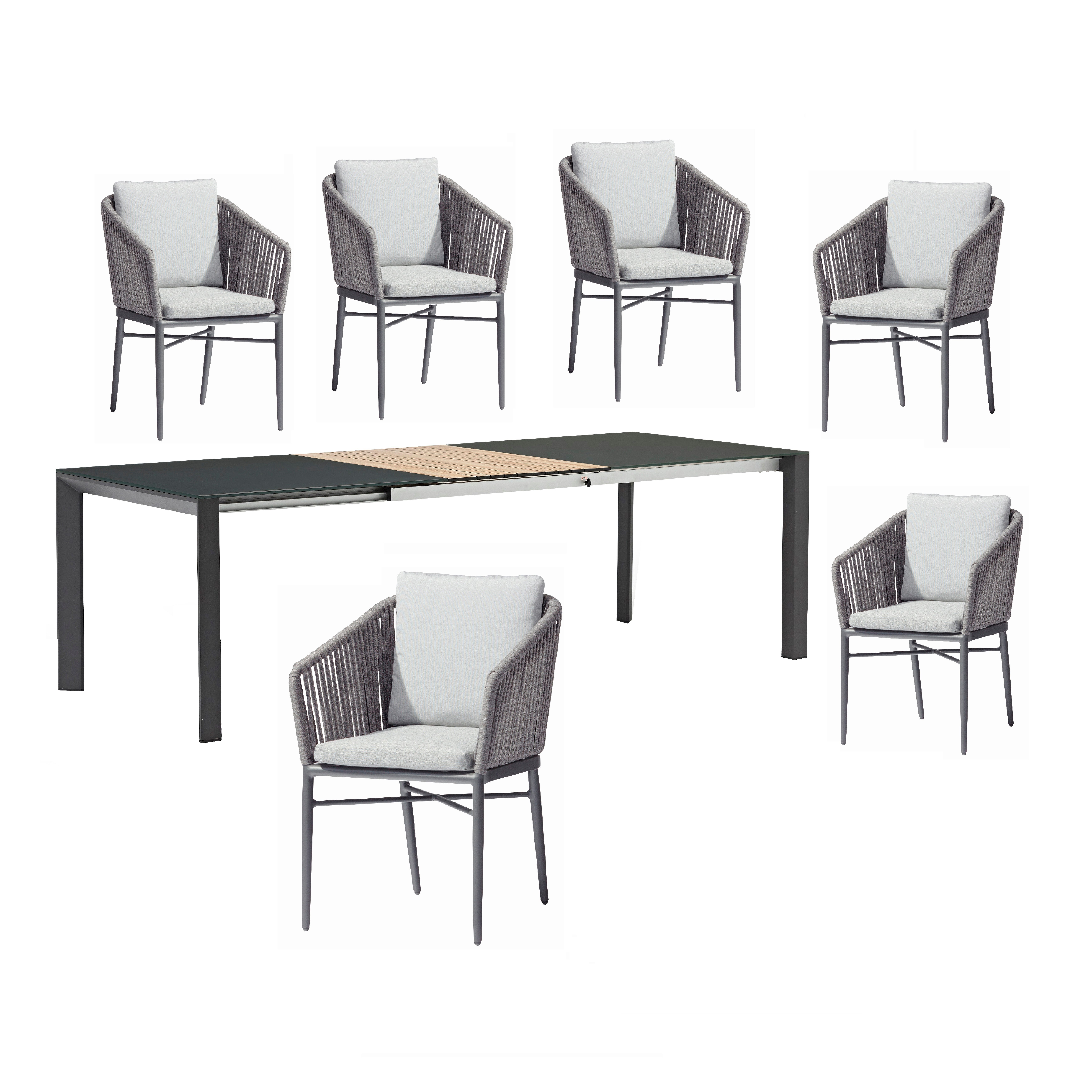 acamp Garten-Essgruppe Stapelsessel Set 7-teilig, Ausziehtisch 180-240 cm, Aluminium, (Spar-Set, 7-tlg., Gartenmöbel Set), Aluminium, wetterfest, stapelbar, Ausziehtisch, inkl. Sitzkissen