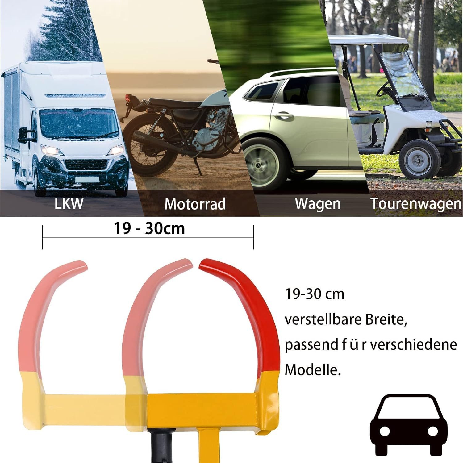 FIVMEN Lenkradschloss Wegfahrsperre Universal Radkralle Reifenkralle, Parkkralle Radschloss, Diebstahlsicherung für Radklemmen, Radsicherung von Auto, Motorrad – Bild 4 von 5