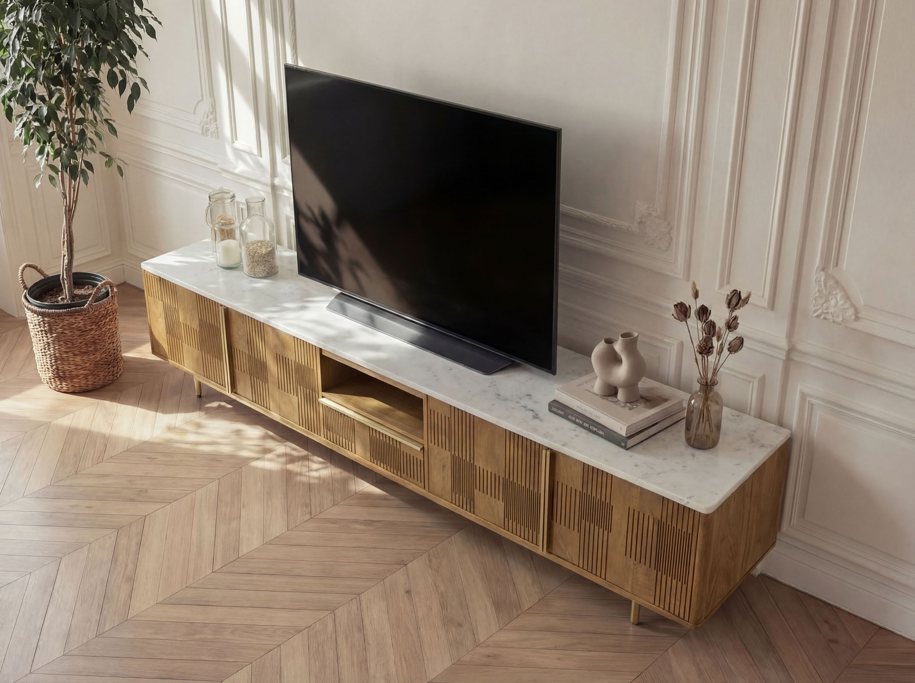 Massivmoebel24 TV-Board MIAMI (Massivholz), Mango 240x40x50 hellbraun geölt / Marmor weiß MIAMI #107