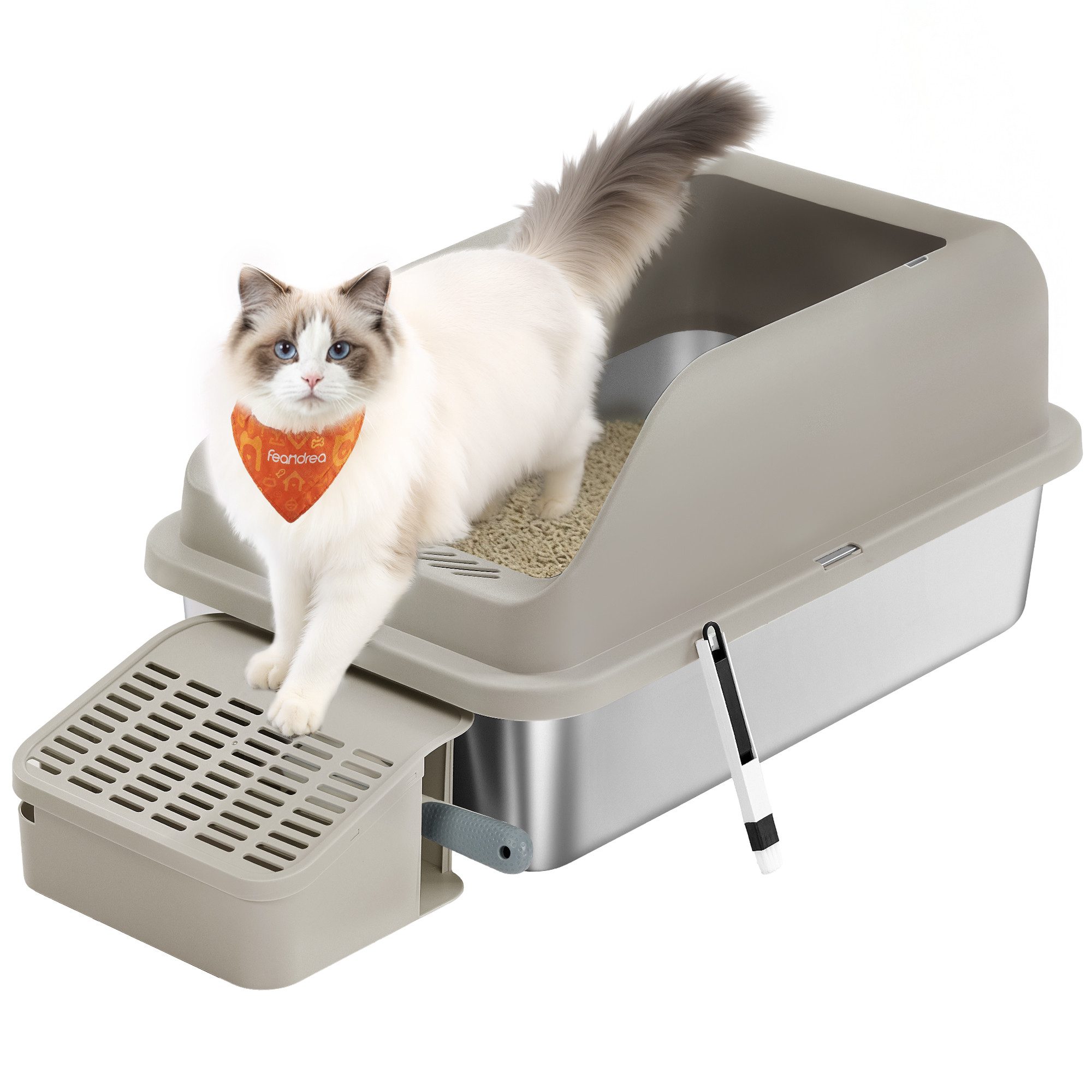FEANDREA Katzentoilette Edelstahl, mit hohen Seitenwänden, Trittstufe, Schaufel, Bürste, offenes Design, für Katzen bis zu 15 kg, 61 x 41 x 30,2 cm (L x B x H)