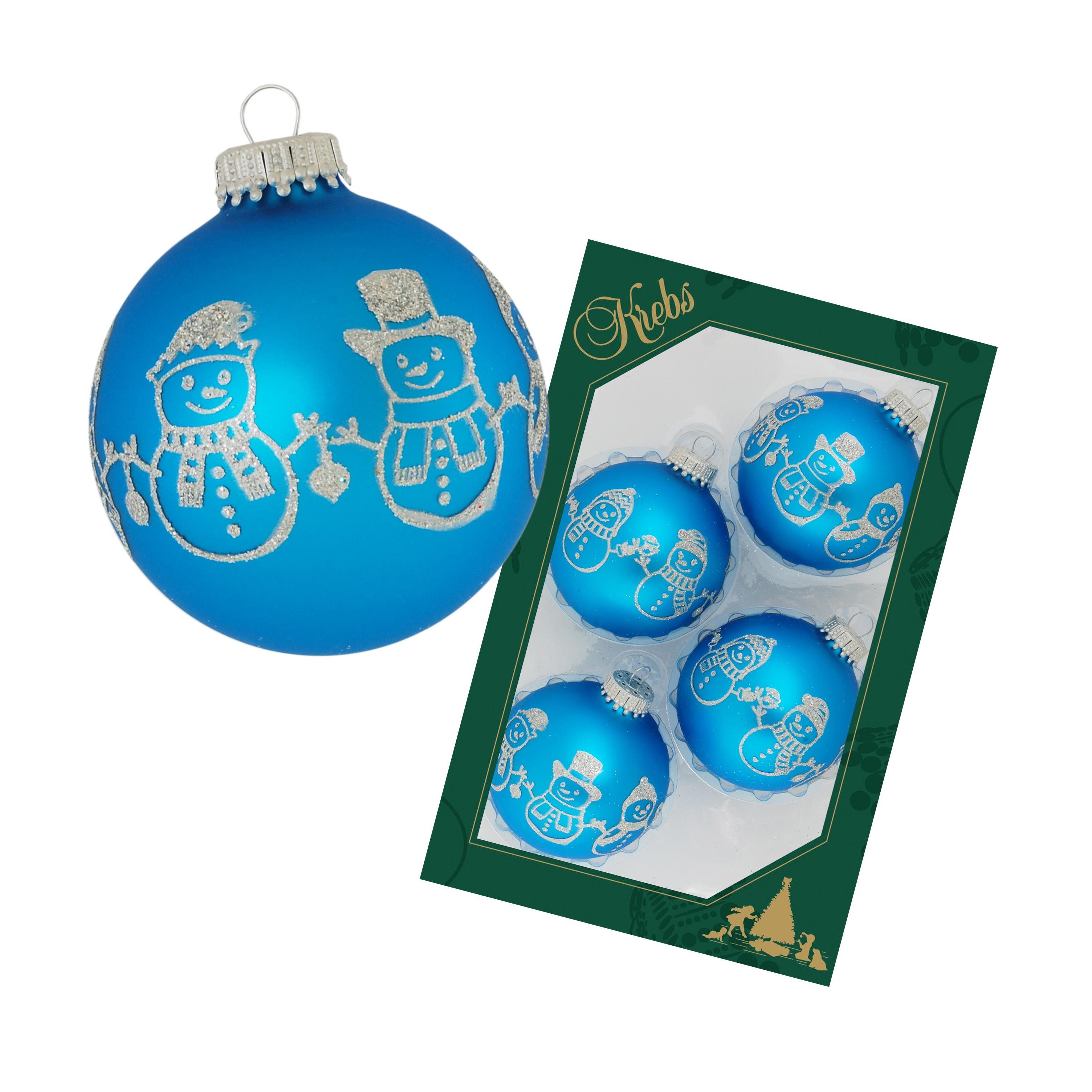 Krebs Glas Lauscha Weihnachtsbaumkugel Christbaumkugeln - 4er Set - Blau mit Schneemann - ca. 7 cm - aus Glas, winterliche Weihnachtsdekoration für den Baum - für festliche Stimmung