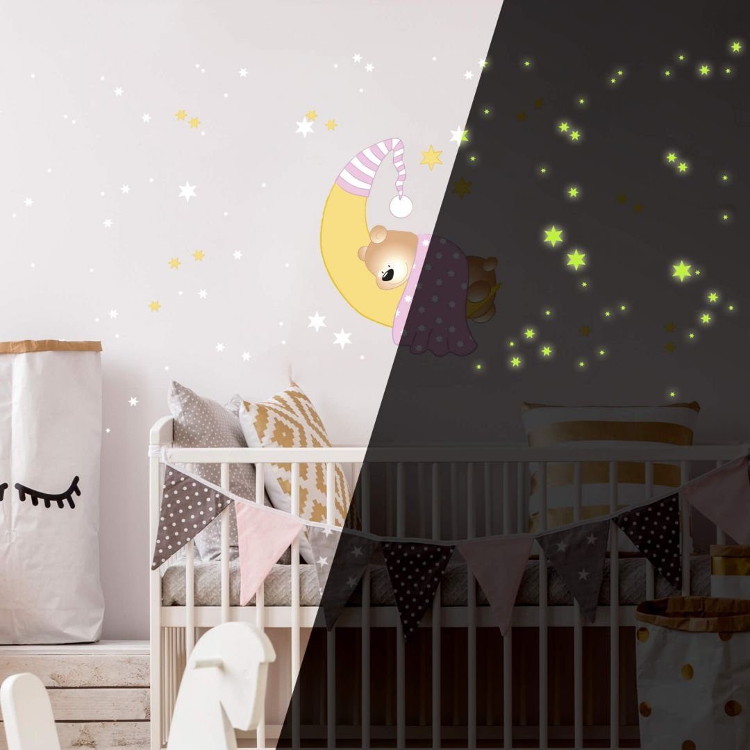 K&L Wall Art Wandtattoo Baby Teddy Bär Mond Leuchtsterne Rosa Mädchen selbstklebend, Kinderzimmer Leuchtbild