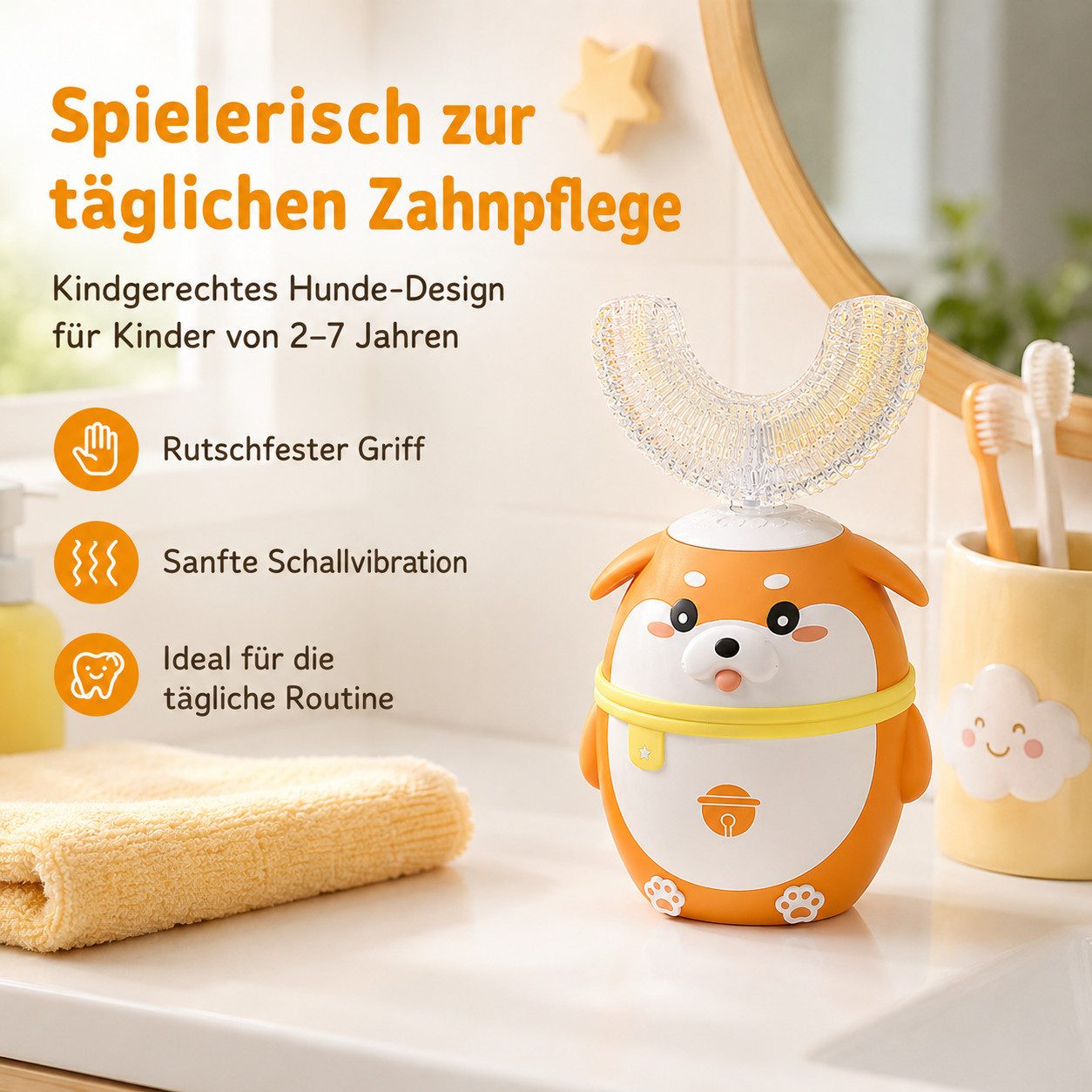 Tekoo Elektrische Kinderzahnbürste Schallzahnbürste Kinder Set U-Form, 5 Modi & Timer, 2-7 Jahre, Aufsteckbürsten: 4 St., Inklusive 4 Bürstenköpfe (2x U-Form, 2x Standard), Elektrische Kinderzahnbürste mit U-Form Kopf für 360° Reinigung