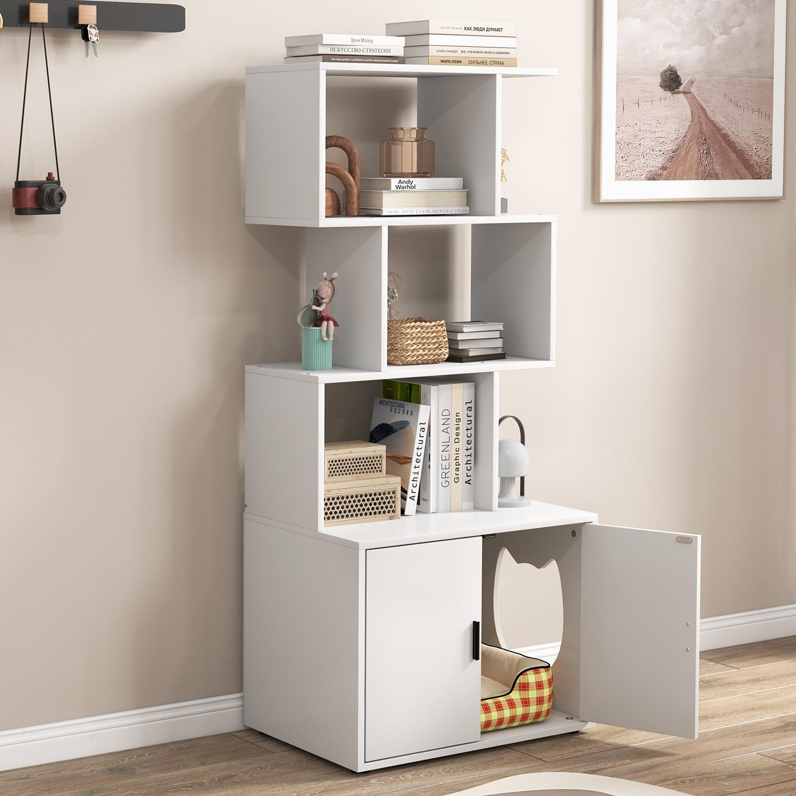 COSTWAY Tierhaus, Katzenschrank mit Bücherregal, Katzenklo günstig online kaufen