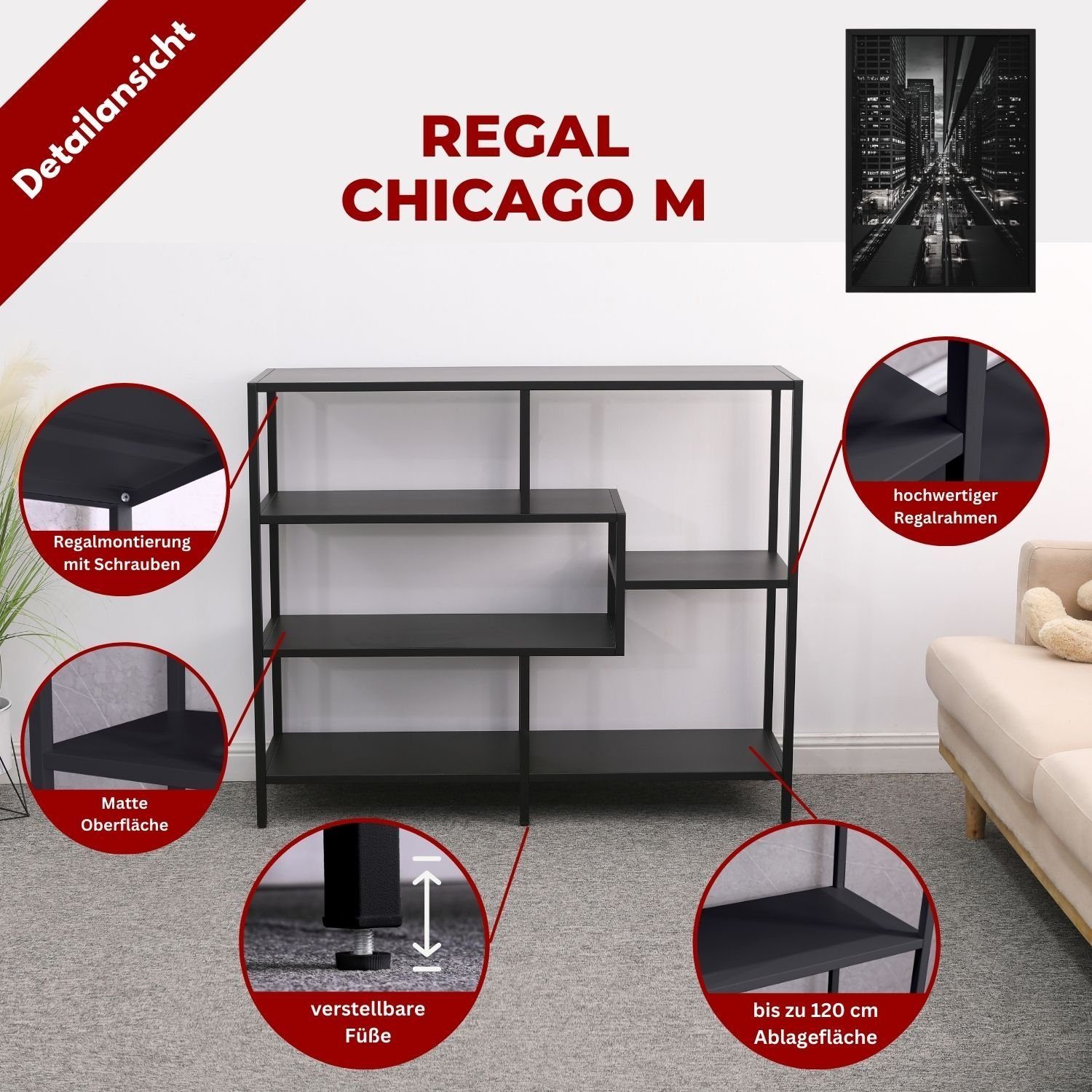Coemo Standregal CHICAGO M, Schwarz, Raumteiler günstig online kaufen