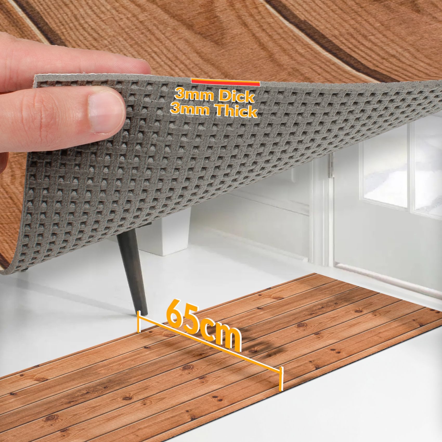 ANRO Küchenläufer RANNA Hochwertig Küchenteppich Teppich Textil, Eckig, Bodenläufer 100x65cm Holz Dielen Braun pflegeleicht – Bild 2 von 5