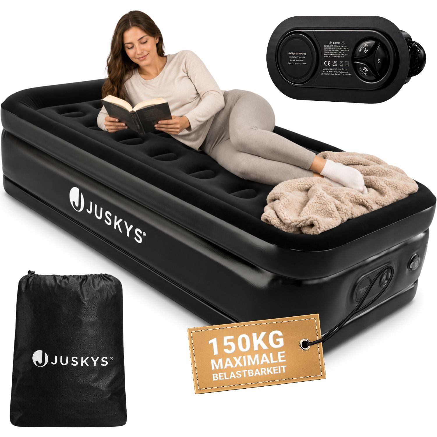 Juskys Luftmatratze Sapri, Einzel-Luftbett, selbstaufblasend, wasserdicht, inkl. Pumpe, Tasche