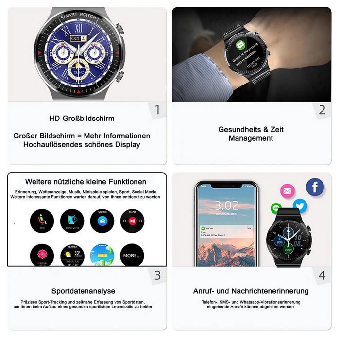 TPFNet SW20 mit Edelstahl Armband + Silikon Armband - individuelles Display Smartwatch (Android) Armbanduhr mit Musiksteuerung Herzfrequenz Schrittzähler Kalorien Social Media etc. - Schwarz RY12437