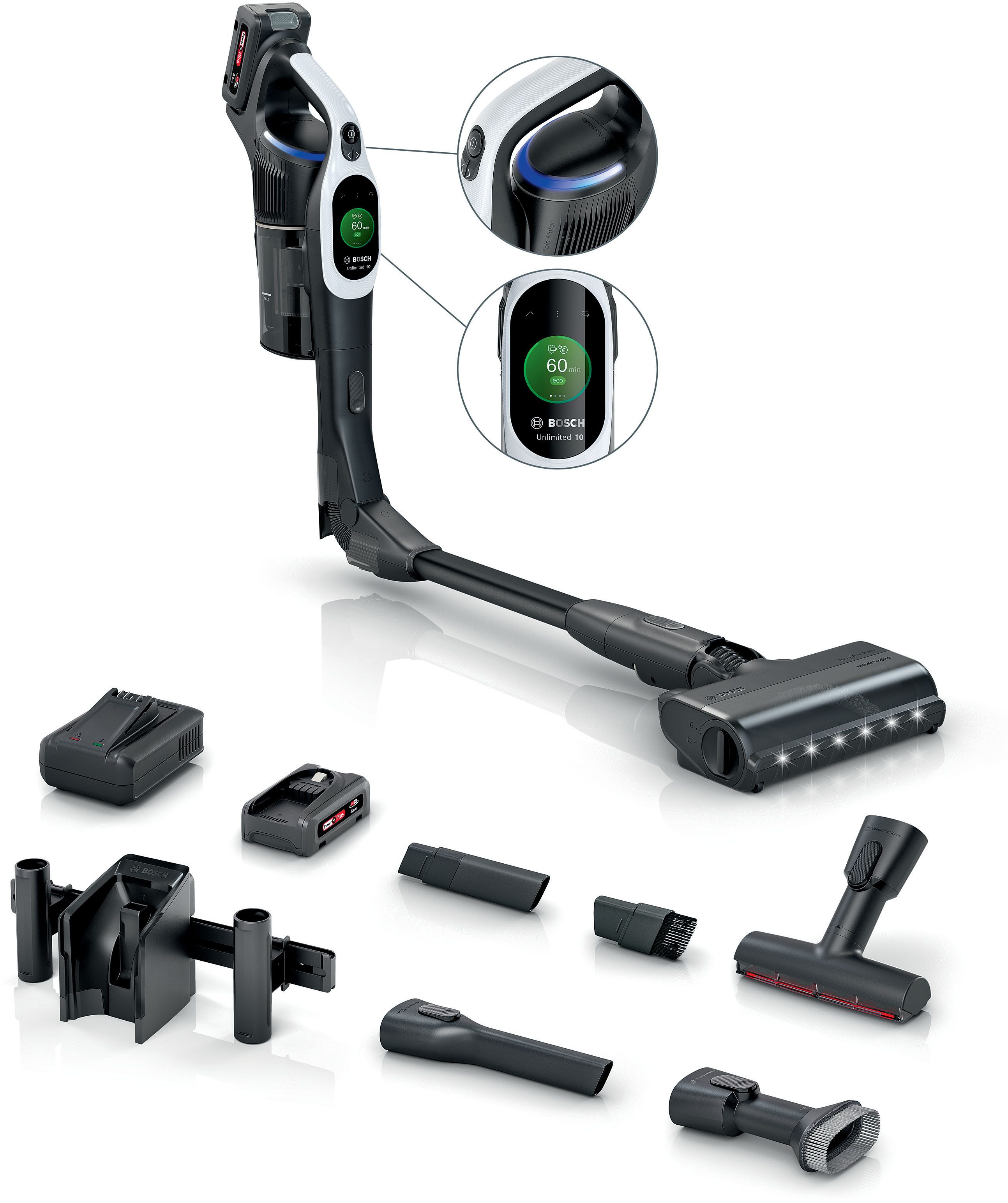 BOSCH Akku-Stielstaubsauger Unlimited 10 BTS1042WAC, TESTSIEGER, 10 J. Motorgarantie, beutellos, Display, Knickrohr, HEPA-Filtersystem, Schnellladegerät, 2 Akkus, weiß