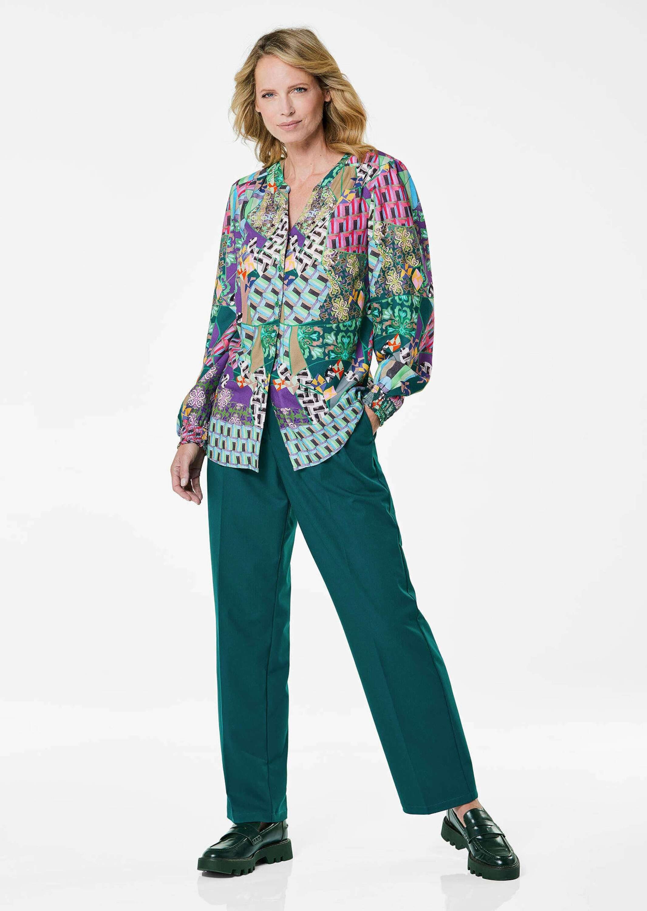 GOLDNER Klassische Bluse Patchworkbluse mit Rundhals, V-Schlitz Viskoseblus günstig online kaufen