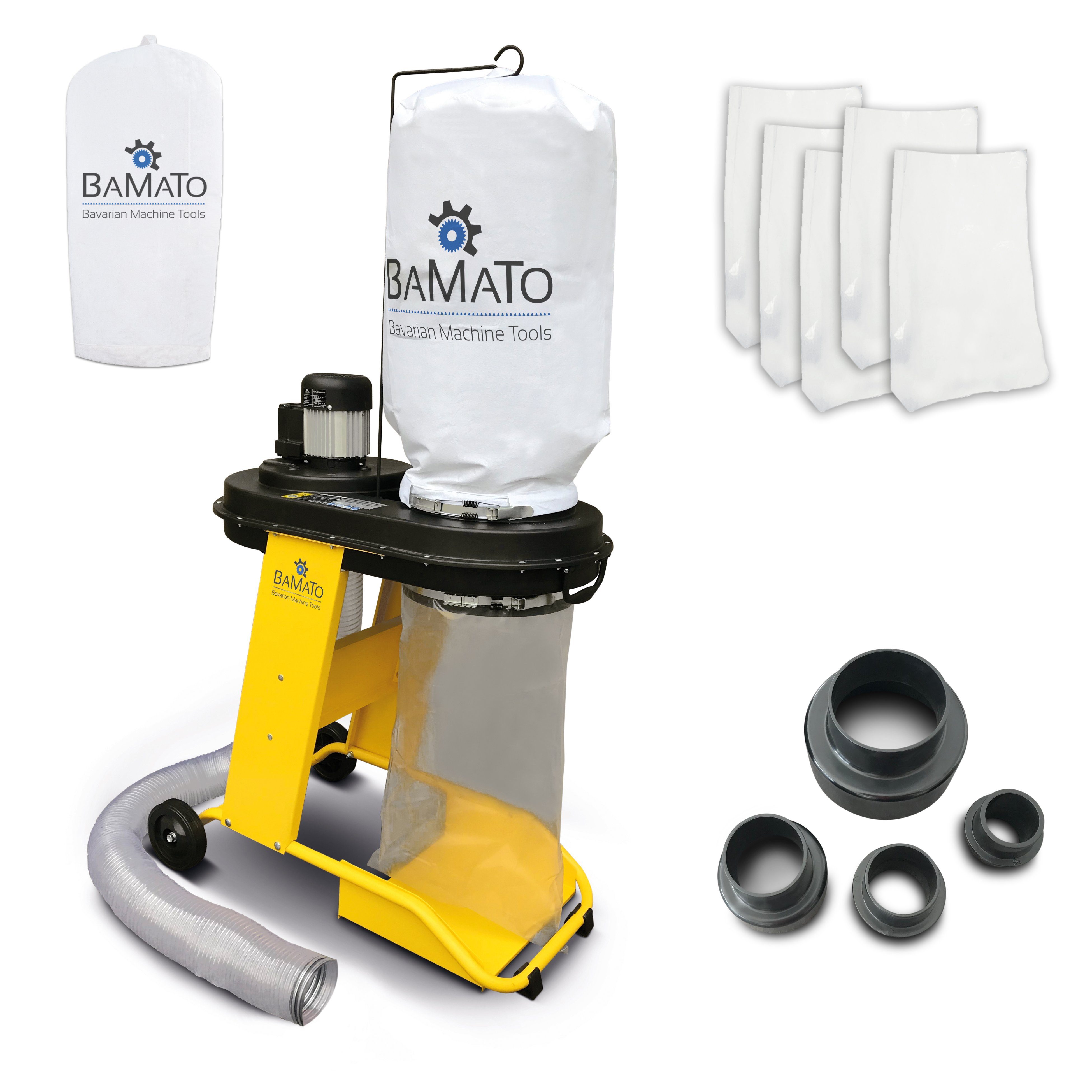 BAMATO Absauganlage AB-550 inkl. Adapterset, Absaugschlauch 1150m³/h Absaugung 230V, 550 W, (1-tlg), Späneabsaugung, 1600 Pa, Fahrwerk, 2. Filtersack, 6x Säcke