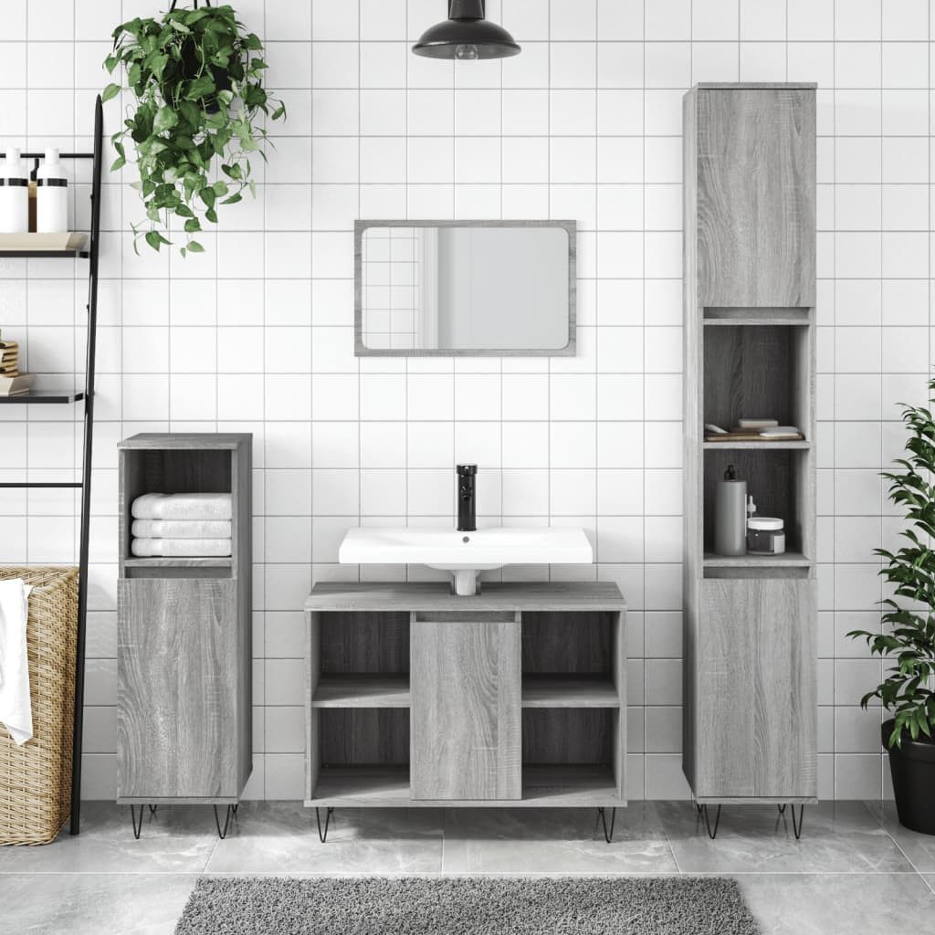 Badkommode Badezimmerschrank 30x30x100 cm Grau Sonoma mit Holzwerkstoff und Eisen